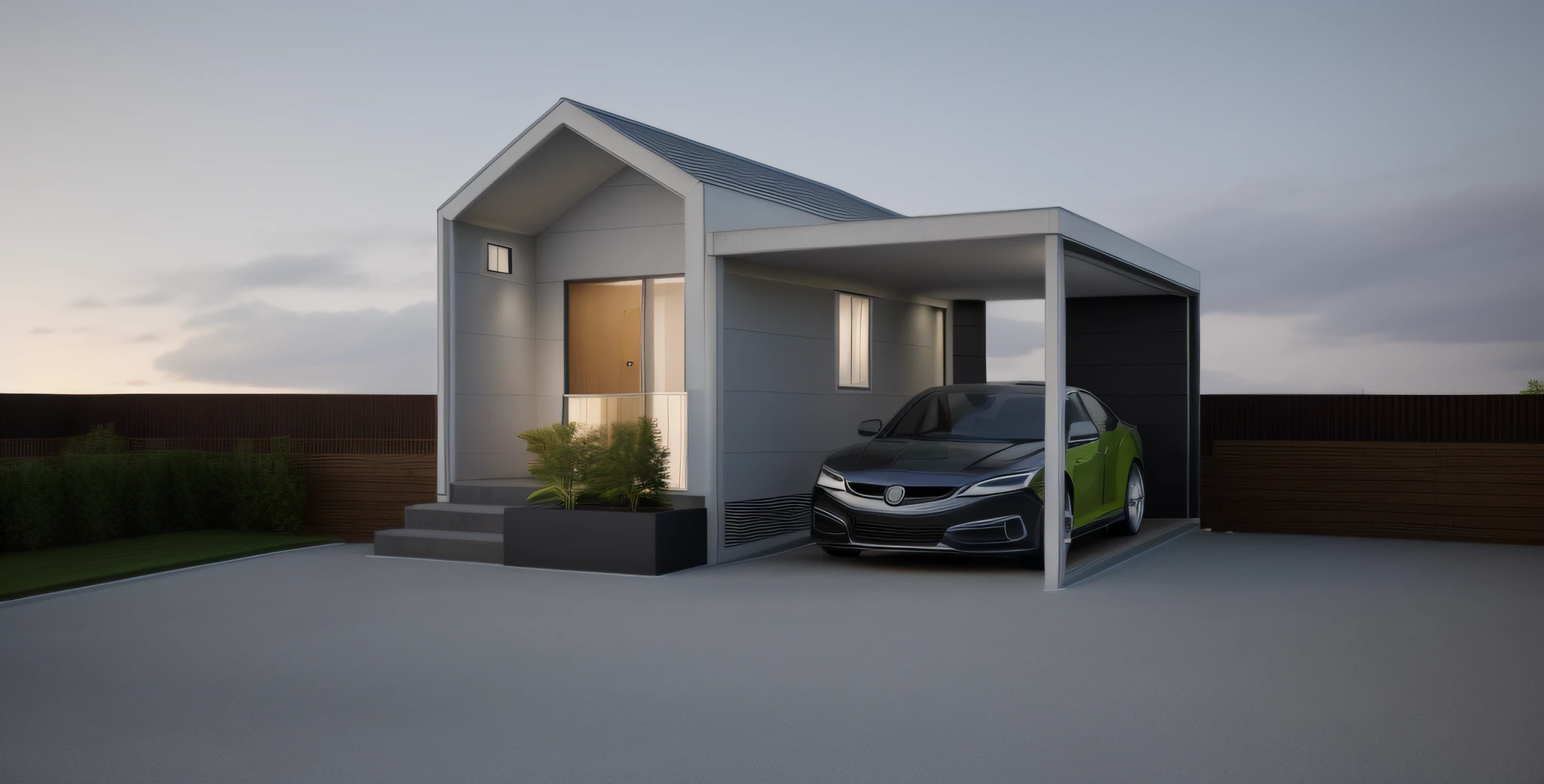 a rendering of a modern house with a car parked in front of it, overall architectural design, concept house, realistic render, lumion render, render, very realistic render, one house, front perspective, exterior design, architectural visualization, render amazing, photo realistic render, render vray, stunning render, neotraditional modern minimalist, beautiful rendering, contemporary house, beautifully detailed render,((garden)),sunny