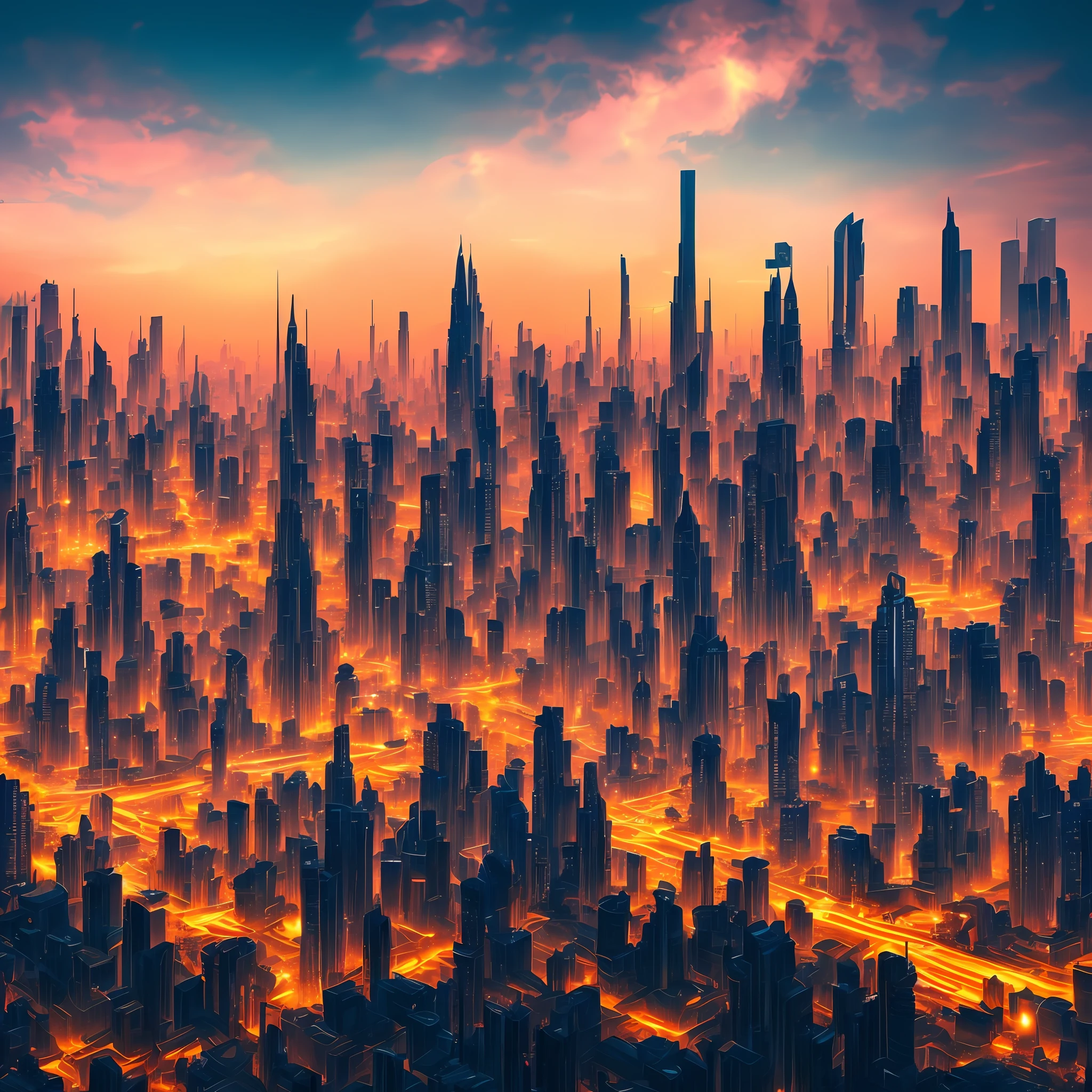 Futuristic neon metropolis,view over city,advanced technologies,3Drenderingof,vivd colour,artificial lights,an alien landscape,epic sky,hight contrast,Trend at Artstation,Virtual reality。 --auto