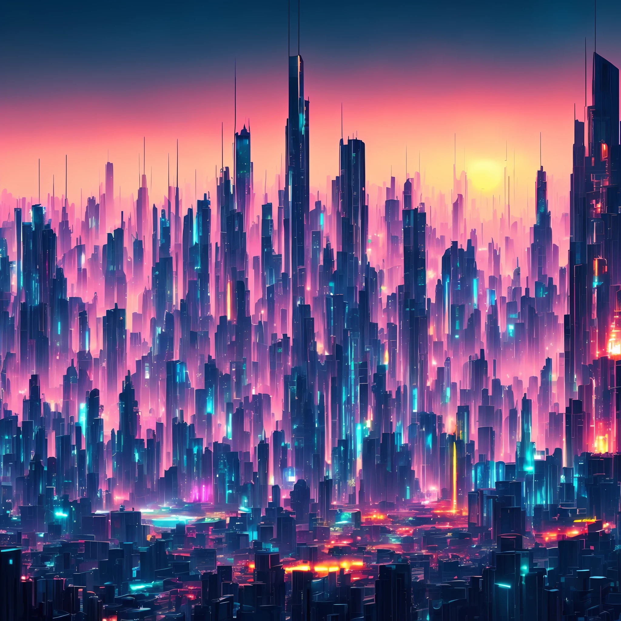 Futuristic neon metropolis，view over city，advanced technologies，3Drenderingof，vivd colour，artificial lights，an alien landscape，epic sky，hight contrast，Trend at Artstation，Virtual reality。 --auto