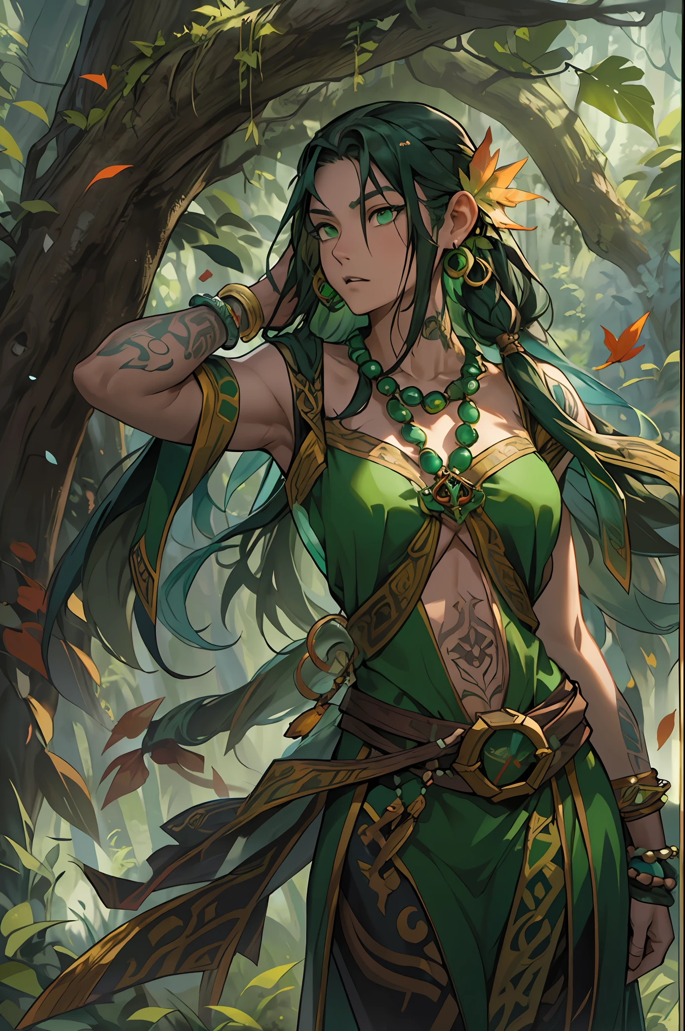 （1 Northern Girl），Anatomically correct, Solo, shaman, Nature, Healer, Round ears, wild hairs, Dark black hair, Unkempt hair, celtic tattoos, green energy, green magic, pretty eyes, Long bead necklace, Bead bracelet, trinkets, Vines in hair, Thick body, Wide body,Fantasy setting, Outdoor activities in a dream forest, Ancient ruins, Faye Wong Wilder, fey, falling leaf, ventania, Magic the Gathering, dungeons and dragons, character concept, character art, Character portrait, Cartoon, Best quality, Best resolution, 4K, Vivid colors, Vivid, High detail, best detail, confident pose, extrovert, look from down, Serious expression