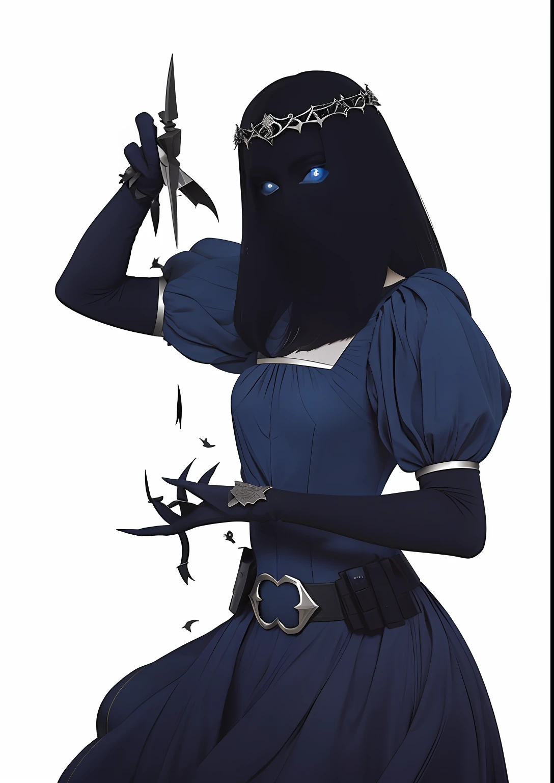 a woman in a blue dress holding a knife and a bird, sem rosto, mas a armadura cobre seu rosto, personagem bruxa escura, sem rosto, Deus torcido sem rosto, Anonymous, dark goddess with six arms, estilo de arte sinistro e sombrio, sem olhos, com pele azul, no estilo da arte da fantasia sombria, pessoas sem rosto escuras