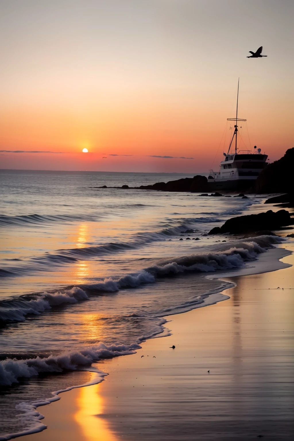 ((masterpiece)), (realistic), (sunset:1.2), (seascape:1.2), (colorful sky), (seagulls:1.1), (beach:1.1), (waves:1.1), (rocks:1.1), (boats:1.1), (reflection:1.2), (silhouette:1.2), (harbor:1.2), (peaceful:1.1), (serene:1.1), (tranquil:1.1), (calming:1.1), (harmonious:1.2),
The sun was setting over the horizon, painting the sky in a breathtaking array of colors. Shades of pink, orange, and yellow blended together to create a vibrant and colorful sky. Seagulls flew gracefully overhead, their wings casting shadows on the calm waters below. The beach was a peaceful and serene place, with waves gently lapping at the shore. Smooth rocks scattered along the coastline, providing a perfect spot for a quiet moment of reflection. Boats floated in the harbor, their masts creating silhouettes against the colorful sky. The reflection of the sky in the water created a harmonious and tranquil atmosphere. As the sun disappeared below the horizon, the sky turned darker, but the sense of calm remained, leaving a feeling of peacefulness and contentment.
