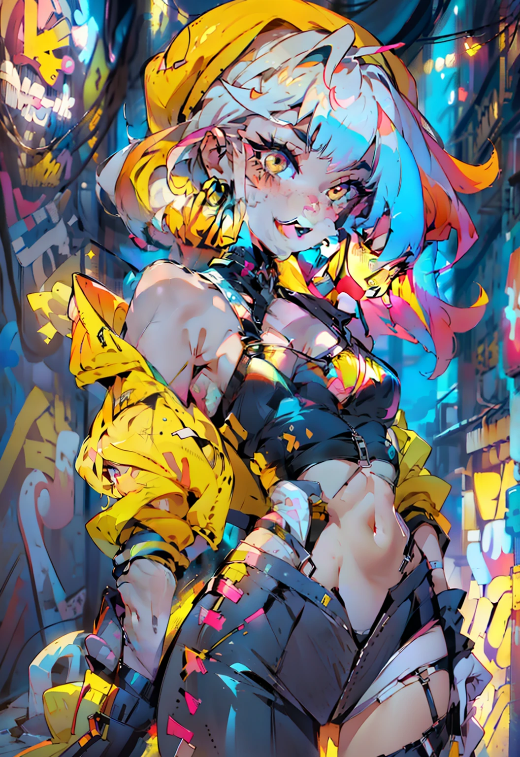 1girll, in club, cyber punk style, Rainbow hair, Mean smile, Holding a katana, High-top swimsuit, Yellow pupil,, Cybernetic skin, Samurai jacket，Portrait of a beautiful girl，Petite，Delicate, beautiful attractive face，alluring yellow eyes，Messy painted face，Sharp eyebrows，Hefty Smile，open open mouth，Fangs exposed，Lovely Medium Breast, Layered long double ponytail blonde hair, Blushlush, Applejack hat, Oversized Pop jacket, Mini Underboob Tee, Crop topping, Slim waist, Denim Jeans Pants, Fasten with a buckled belt, In The Graffiti Alley, trash cans, Outside the stairs, Outdoor units，Holding a spray paint can，standing on your feet，（HighestQuali，astonishing detail：1.25），（独奏：1.3），Brilliant and colorful paintings,(Furry),tmasterpiece, ultra - detailed, 8K, Best quality:1.6), 1girll, big breasts beautiful, (Super gentle face), Super beautiful eyes, Super sexy hair, Sexy, kawaii,  cats, ((ulzzangs)),  Little big breasts柄, (Leggings), (Perfect and delicate hands, Good anatomy, Perfect anatomy)，The background orange is interlaced with blue, STRAIGHT WHITE HAIR，Half turn to look at the camera，Round earrings，Kazilan's eyes widened，Messy hair，Blue pupil，The chest is slightly larger，Show some shoulders，The expression was a little surprised，The skin is white and smooth，），（（（（（white liquid all over body）））））、Place your head on the urinal，Yogurt all over、The whole body is wet、1girll, Toilets, （Sweep the urinal）, Kneel, raunchy, (((((Pee)))))), 、tmasterpiece, best qualtiy, A high resolution, White gloves, Black dress, bare shoulders​, Station, Evil smile, reaching out, arms out, arms out, magical，tmasterpiece，（（femele，Bigboobs）），Slim，musculous，shift dresses，Suspenders，hight contrast，the soft light，tmasterpiece，Extraordinarily good，（（Milk flows from the breast））,Wear restraints，one-girl，little breast，cropped shoulders，（revealing breasts），Particle，llight rays，(Masterpiece, Top quality, Best quality, offcial art, Beautiful and aesthetic:1.2), (1girll:1.3), Extremely detailed,(Fracta