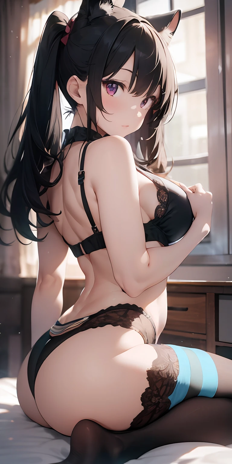 Anime girl with gray hair and cat ears，Ruby eyes，is shy，Blushlush，mediuml breasts，exposed bare shoulders，Bare legs，back to look back，hight contrast，the soft light，tmasterpiece，Extraordinarily beautiful，It shows a delicate and slender figure and beautiful curves，Correct limbs，sit on a bed，（（tmasterpiece））， （best qualtiy）， （Hyper-detailing）， （particulate：0.7），Hands up，9 head body，（yoga），（Do yoga），Raise your hands，Hypnotized，Complicated details， perfect anatomia， finely detailled， cinematic compositions， a color， Sharp：1.3， Soft shadows、diffuselighting、edge lit、with light glowing、Indirect light Detailed background，inside in room，the night，Japanese-style tatami room，mattress，pillow head， Chitanda Sōru， long whitr hair， brunette color hair， Purple eye， thicc，big cleavage breasts， angle of view， Seductive eye，Face Close，is shy，Be red in the face，（NSFW），（（Erect body Shot：1.3，Look up，（putting makeup on），Beautiful big breasts，（Bokeh），inside in room，Detailed luxury living room，（Little big breasts柄_Head），Gentle and charming Japanese beautiful girl，Korea（K-pop idols），独奏，（areola of breast），（cleavage：0.3），Underarm wrinkles，Delicate sexy（鎖骨：1.3），black pantyhoses，Smooth skin，Collar，brunette color hair，long leges， short detailed hair，Oval shaped face，二重まぶた，clever，nice hand，Good feet，naturey（：1.25），Shallow on the face，（Broken stockings，hands bound，The legs are tied），（lies on the ground）（（spread their legs）），（（spread their legs））），（from below angle），（Glow skin：1.4），（（low angles）），perfect bodies，（64k，hyper HD，RAW photos，best qualtiy，tmasterpiece：1.2），（realisticlying，photograph realistic：1.37），超高分辨率， photon maping，Radio City，physically-based renderingt，Professional soft lighting，Disheveled clothes，binding，succumbs，MuCoi，Attach a bandage to the nipple，and wear no underwear，Open your legs，White-skinned，magia， Bare ass，seductiv，long whitr hair，The clothing is translucent，Positive light，with fair skin，Global light，diffused reflections，Extremely delicate face，ellegance,（full bodyesbian：1.2），full