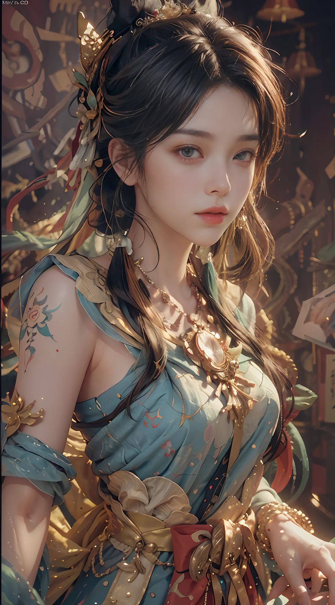 (RAW photo, best quality), (realistic, photo-realistic:1.3),best quality,highly detailed,masterpiece,ultra-detailed,illustration,1girl,upper_body,dynamic angle,world masterpiece theater,messy_long_hair,best quality,extremely detailed CG unity 8k wallpaper,ink,Amazing,cinematic lighting,lens_flare, dunhuang_style