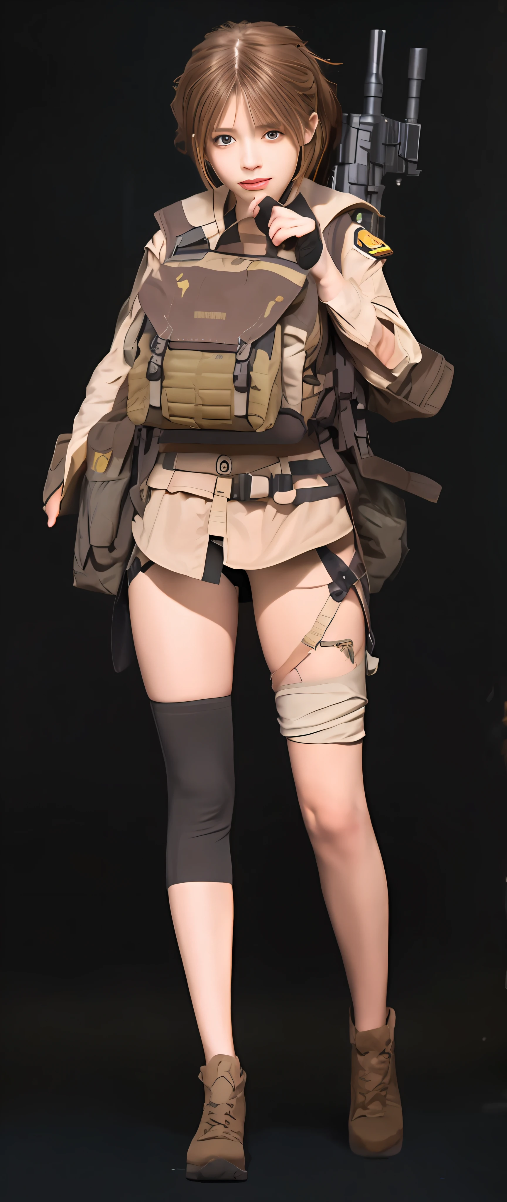 A hyper-realistic、ultra-detailliert、top-quality、hight resolution、Close up portrait of a person with a gun and backpack,Very short bob hair with brown hair、 M4 Sopmod II Girls Frontline, full body shot hyperdetailed, bikini of + tattered military gear, Fine details. girls' frontline, quiet from metal gear solid v, Full body details, Mechanized soldier girl, from girls frontline, extreme detail skin, soldier outfit, highly detailed full body, very detailed character
