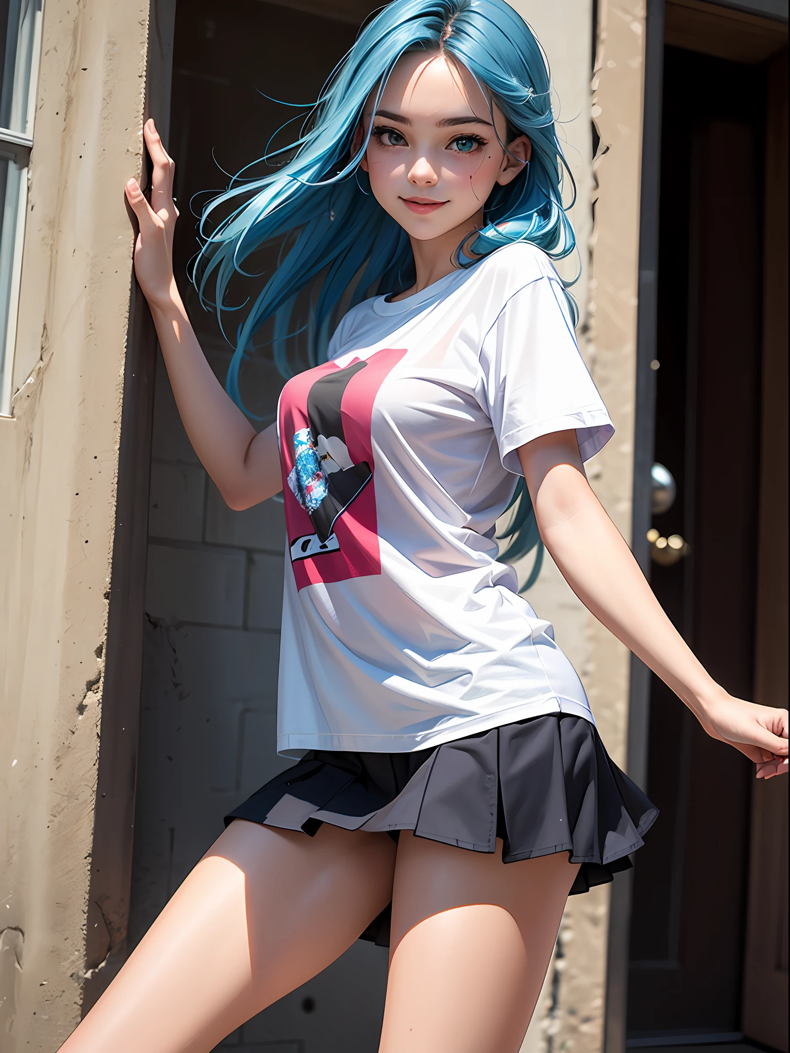 NSFW, top-quality, intricate detailes, chromatic abberation, 1girl in, Dynamic Pose, Turn, Cinematic Angle, length hair, Blue Highlights, heterochromia iridis, Gentle smile, Oversized T-shirt, Super Super Mini Skirt, Pull up your skirt to show your panties, Cowboy Shots, wind lift, (oversize tshirt: 1.2 inch), Concrete walls, doodle, the street