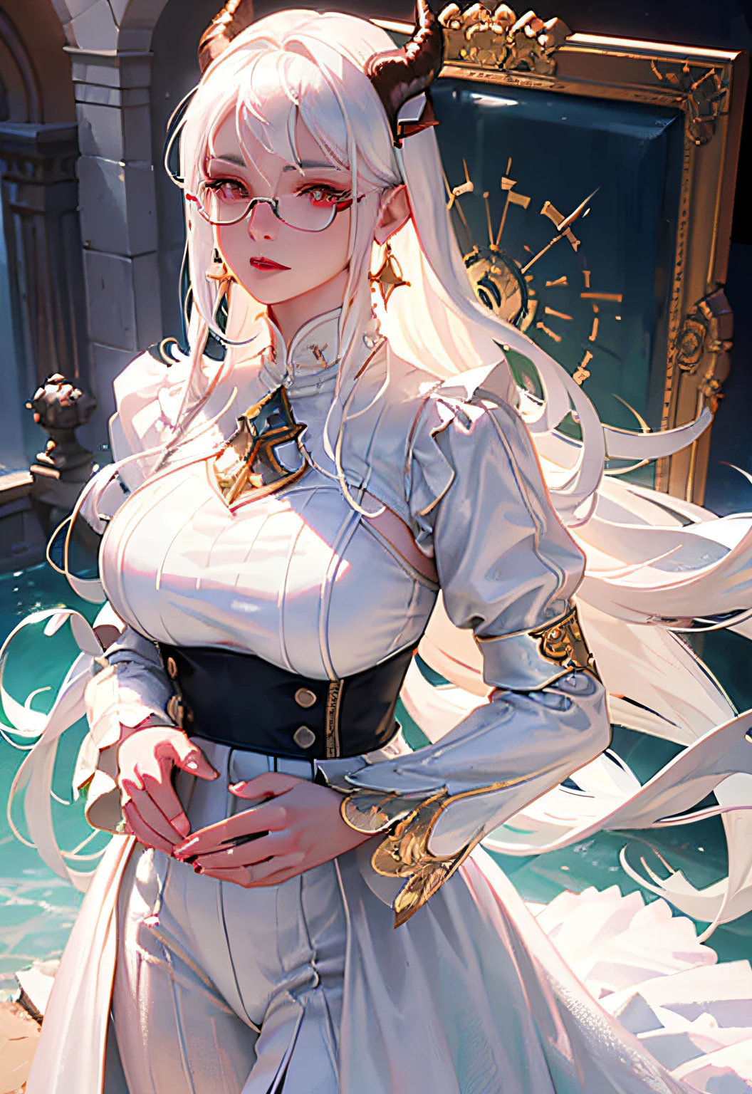 Best quality, masterpiece, ultra high res, (photorealistic:1.4), raw photo, 1girl, white hair, shiny skin, dramatic lighting, (fantasy), vampire, horn, earrings, white dress, glasses,