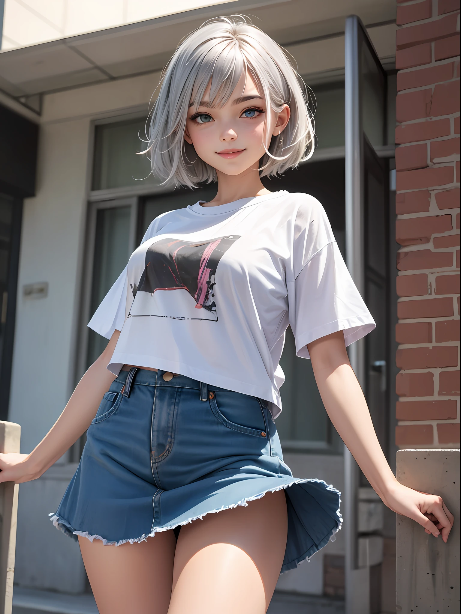 NSFW, top-quality, intricate detailes, chromatic abberation, 1girl in, Dynamic Pose, Cinematic Angle, short silver hair, Blue Highlights, heterochromia iridis, Gentle smile, Oversized T-shirt, Super Super Mini Skirt, Pull up your skirt to show your panties, Cowboy Shots, wind lift, (oversize tshirt: 1.2 inch), Concrete walls, doodle, the street