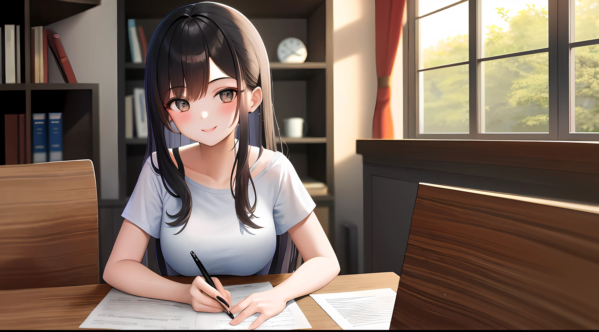 masterpiece, top-quality, hight resolution, a 1 girl, Loose white t-shirt、 Girl sitting on chair studying drafting at desk,、Beautie、Appeal、A smile