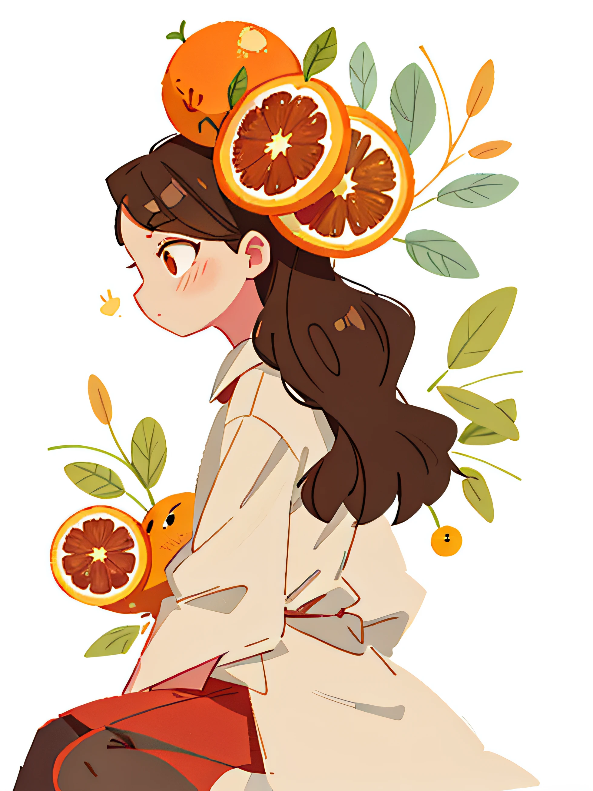 There was a woman sitting down，There is a bunch of fruit on his head, orange halo around her head, in style of digital illustration, A beautiful artwork illustration, Illustration style, 2 d illustration, 2D illustration, Colorful illustration, digital art illustration, Beautiful digital illustration, Watercolor illustration style, Flat illustration, cute illustration, Orange skin, serene illustration, Digital illustration