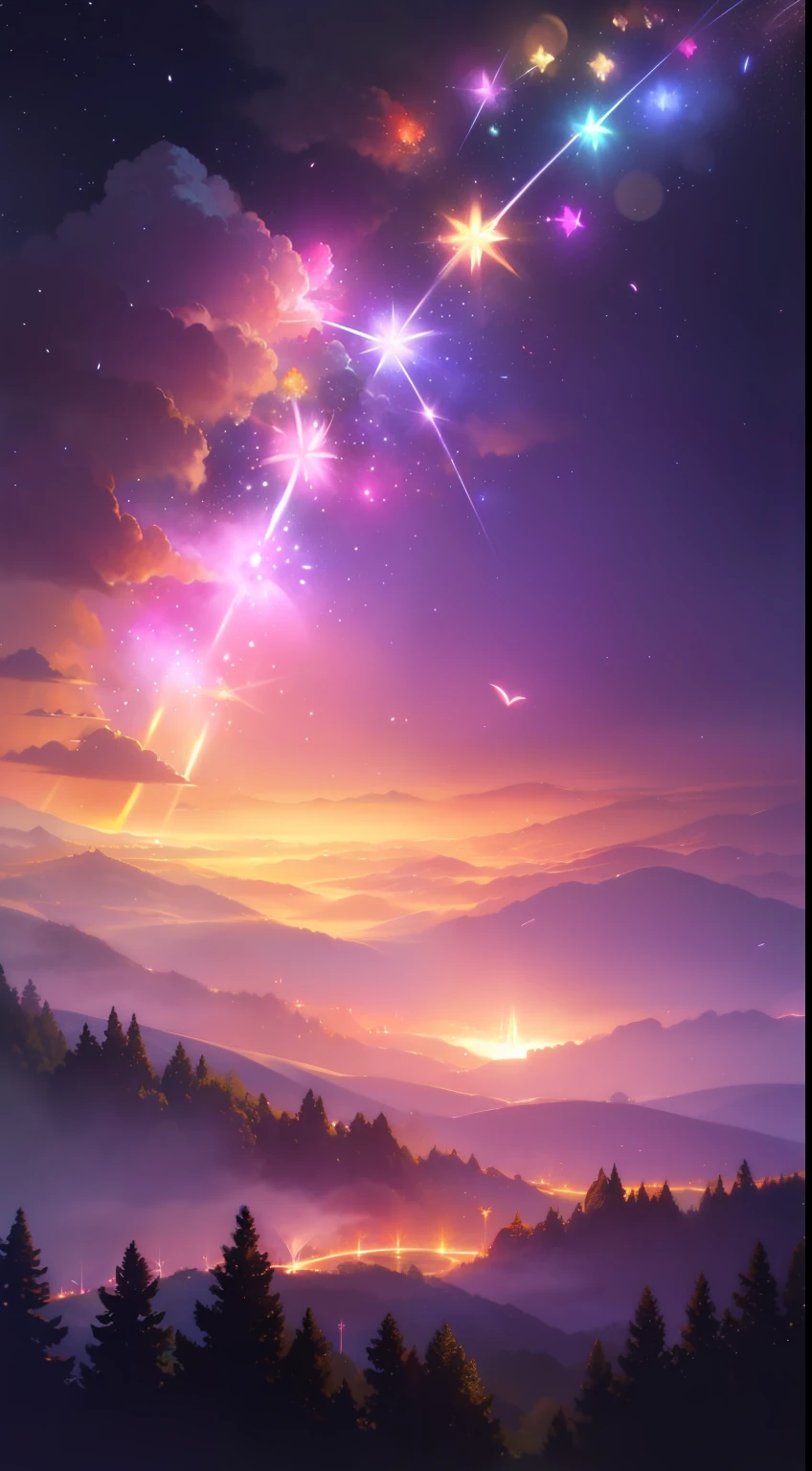 Vast landscape photos、(The sky is up as seen from below、The field is down)、Girl standing in a flower garden and looking up、(fullmoon:1.2)、(meteors:0.9)、(nebulas:1.3)、mountain in the distance々、The tree々 BREAK Craft Art、(Warm light:1.2)、(fireflys:1.2)、A light、lightning bolt、Lots of Purples and Oranges、intricate detailes、voluminous lighting、Realism Break(master piece: 1.2), (Top image quality), 8K, The ultra-detailliert, (dynamic compositions: 1.4), ighly detailed, Colorful Detail, (Rainbow Color: 1.2), (Glow lighting, Atmosphere Lighting), dream-like, Magical, (独奏: 1.2)