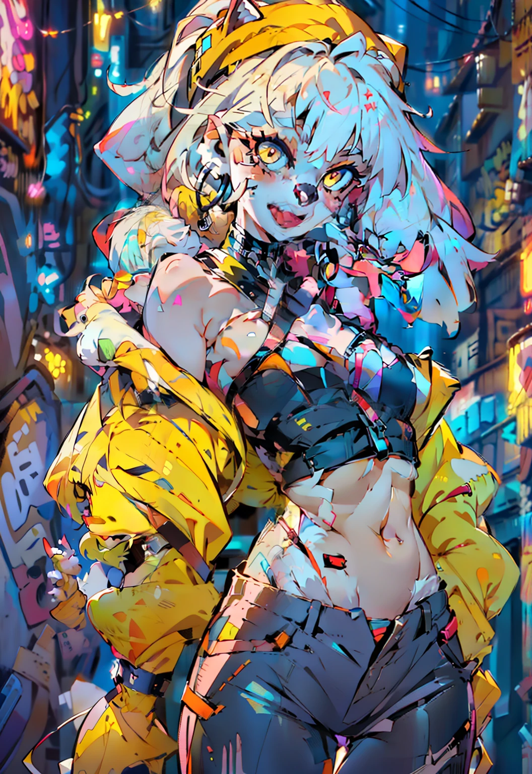 1girll, in club, cyber punk style, Rainbow hair, Mean smile, Holding a katana, High-top swimsuit, Yellow pupil,, Cybernetic skin, Samurai jacket，Portrait of a beautiful girl，Petite，Delicate, beautiful attractive face，alluring yellow eyes，Messy painted face，Sharp eyebrows，Hefty Smile，open open mouth，Fangs exposed，Lovely Medium Breast, Layered long double ponytail blonde hair, Blush Eyeshadow, Applejack hat, Oversized Pop jacket, Mini Underboob Tee, Crop topping, Slim waist, Denim Jeans Pants, Fasten with a buckled belt, In The Graffiti Alley, trash cans, Outside the stairs, Outdoor units，Holding a spray paint can，standing on your feet，（HighestQuali，astonishing detail：1.25），（独奏：1.3），Brilliant and colorful paintings,(((((Furry)))),tmasterpiece, ultra - detailed, 8K, Best quality:1.6), 1girll, big breasts beautiful, (Super gentle face), Super beautiful eyes, Super sexy hair, Sexy, kawaii, baby cats, ((ulzzangs)), stone monument, red peach, (##F5349), Little big breasts柄, (Leggings), (Perfect and delicate hands, Good anatomy, Perfect anatomy)，The background orange is interlaced with blue，The girl with long, STRAIGHT WHITE HAIR，With his back to the camera，Half turn to look at the camera，Round earrings，Kazilan's eyes widened，Messy hair，Blue pupil，The chest is slightly larger，Show some shoulders，The expression was a little surprised，The skin is white and smooth，），（（（（（white liquid all over body）））））、Place your head on the urinal，Yogurt all over、The whole body is wet、1girll, Toilets, （Sweep the urinal）, Kneel, raunchy, (((((Pee)))))), 、tmasterpiece, best qualtiy, A high resolution, White gloves, Black dress, bare shoulders​, Station, loss, Evil smile, reaching out, arms out, arms out, magical，tmasterpiece，（（femele，Bigboobs）），Slim，musculous，shift dresses，Suspenders，hight contrast，the soft light，tmasterpiece，Extraordinarily good，（（Milk flows from the breast））,Wear restraints，Mechanical prosthetics，one-girl，little breast，cropped shoulders，（revealing breasts），Particle，Wright ray