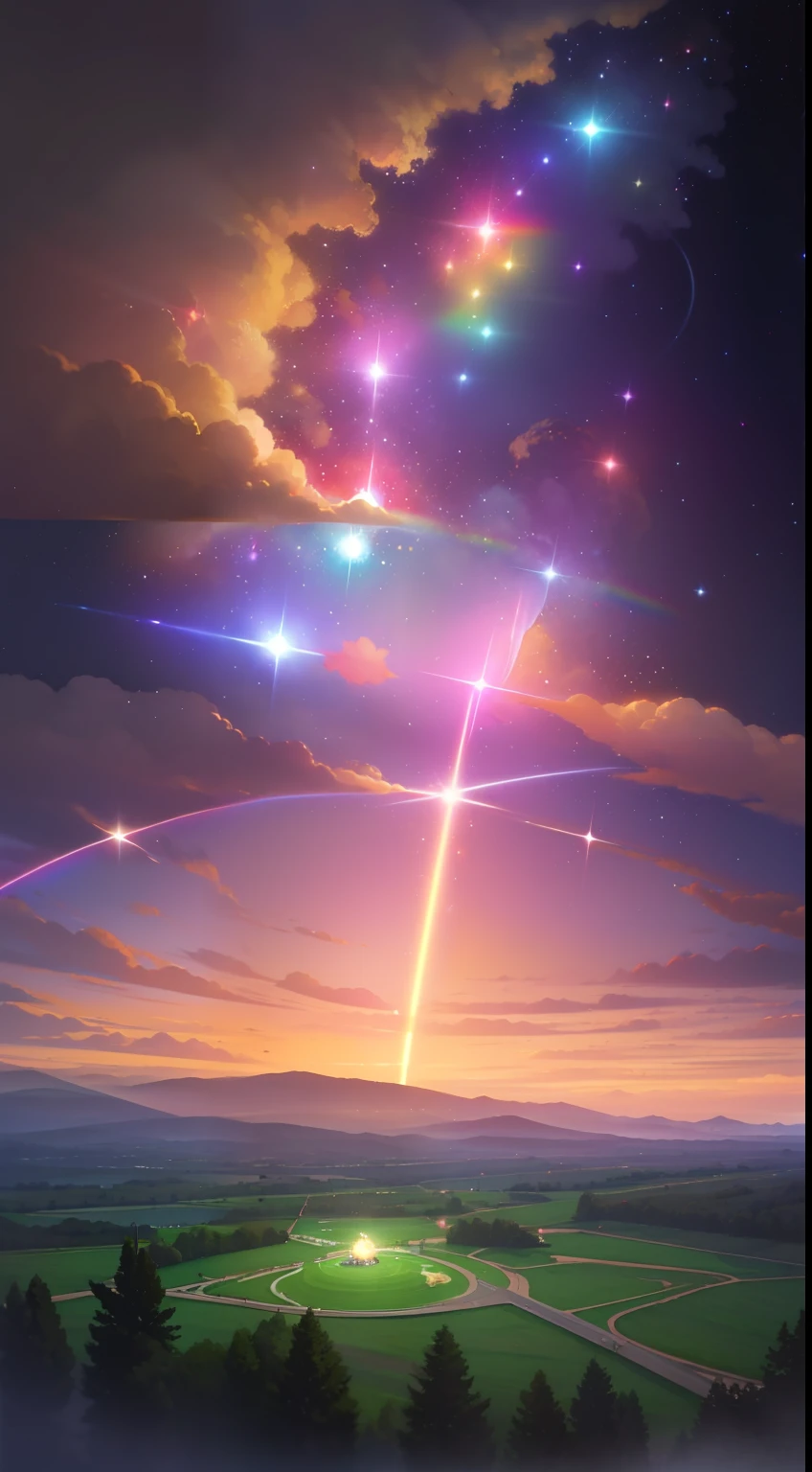 Vast landscape photos、(The sky is up as seen from below、The field is down)、Girl standing in a flower garden and looking up、(fullmoon:1.2)、(meteors:0.9)、(nebulas:1.3)、mountain in the distance々、The tree々 BREAK Craft Art、(Warm light:1.2)、(fireflys:1.2)、A light、lightning bolt、Lots of Purples and Oranges、intricate detailes、voluminous lighting、Realism Break(master piece: 1.2), (Top image quality), 8K, The ultra-detailliert, (dynamic compositions: 1.4), ighly detailed, Colorful Detail, (Rainbow Color: 1.2), (Glow lighting, Atmosphere Lighting), dream-like, Magical, (独奏: 1.2)