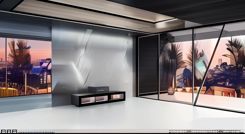 A black amplifier, High resolution concept art for apartment living room,Overlooking the large futuristic city,Floor-to-ceiling windows and mid-century modern furniture, cinmatic lighting, CGSesociety。