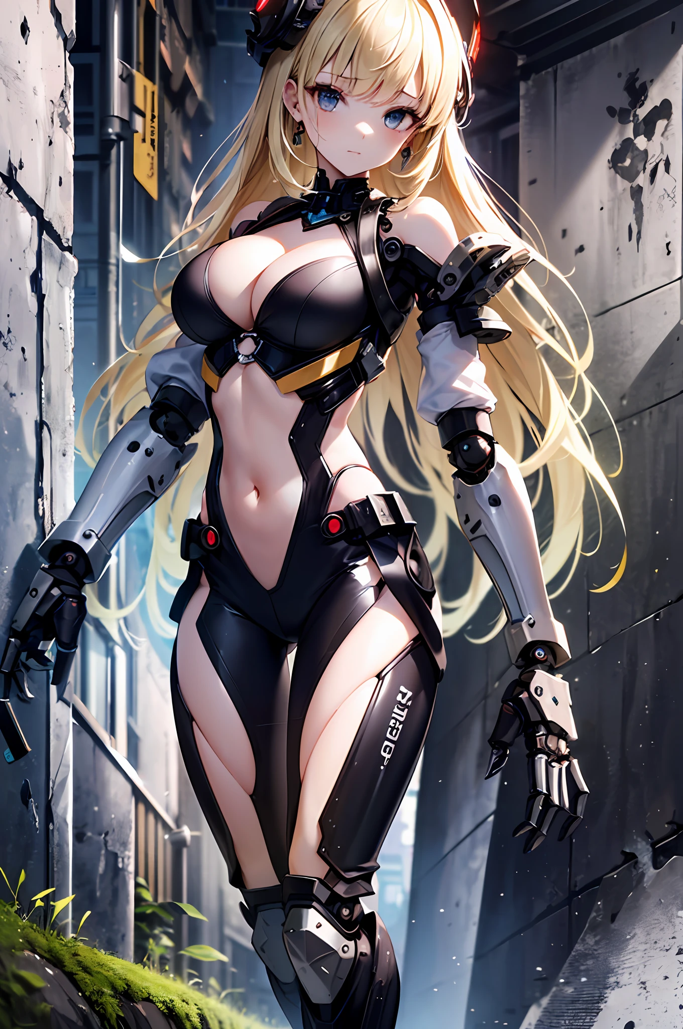 top quality, finely detail, very delicate 8k wallpaper, The beautiful girl's body is a fusion of machine and flesh, solo, blonde long hair, (dark fantasy), (Bio punk:1.5), full body, (exoskeleton suit), (perfect fingers, 4fingers and 1thumb), (mechanical joints, mechanical hand, machine leg), A near-future building covered with moss and a giant mycelium, mechanized insects, flying spores, (bare shoulder, cleavage, navel, zettai_ryouiki),