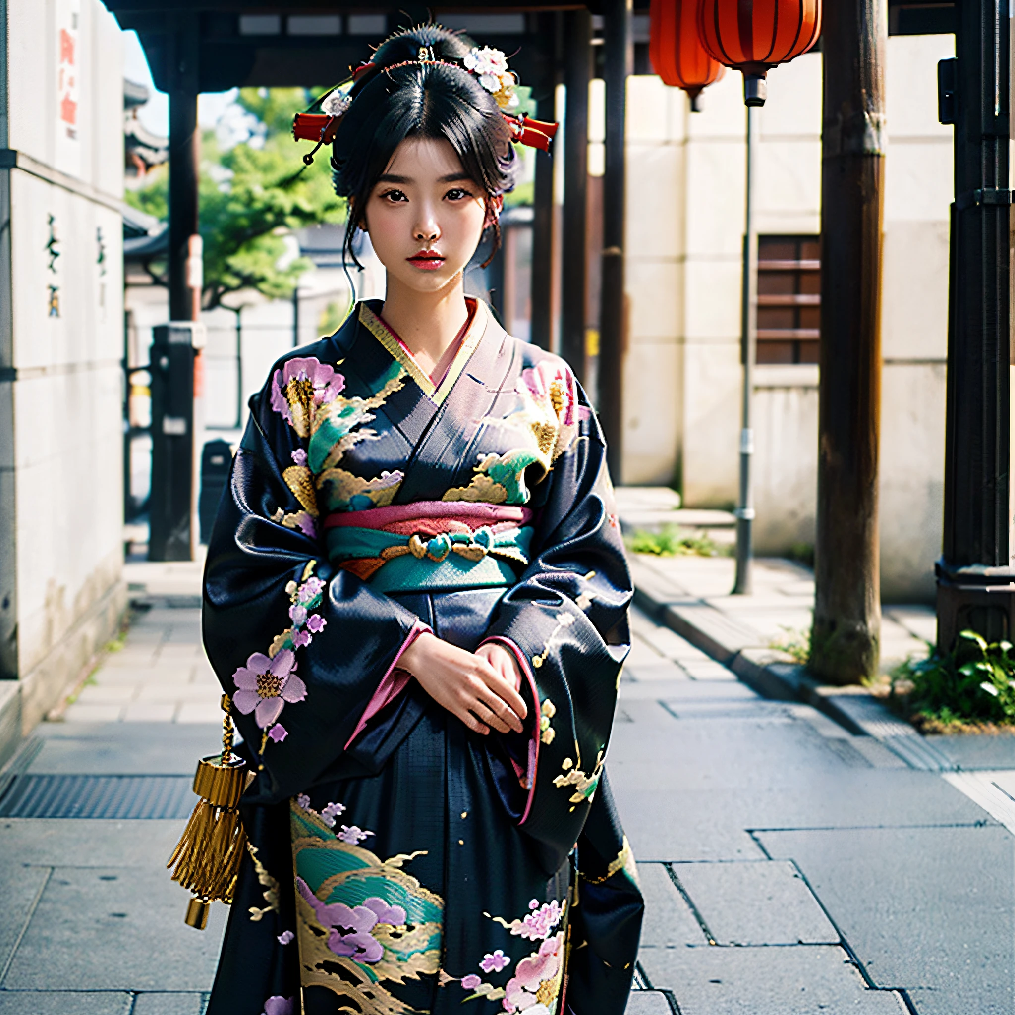 ((top-quality、8k masterpieces:1.3))、foco nítido:1.2、(ultra beautiful faces:1.1)、(street snap:1.5)、(Beautiful girl with black hair in kimono:1.5)、(Meiji period:1.8)