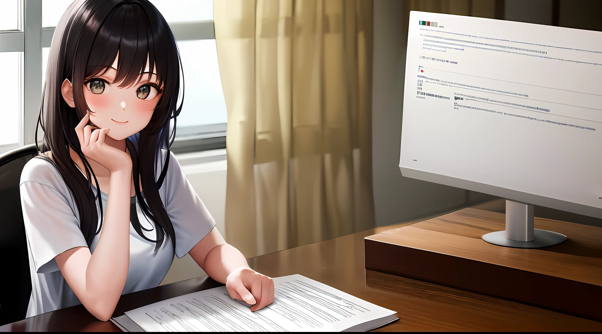 ​masterpiece, top-quality, hight resolution, a 1 girl, Loose white t-shirt、 Girl sitting on chair studying drafting at desk,、Beautie、Appeal、A smile