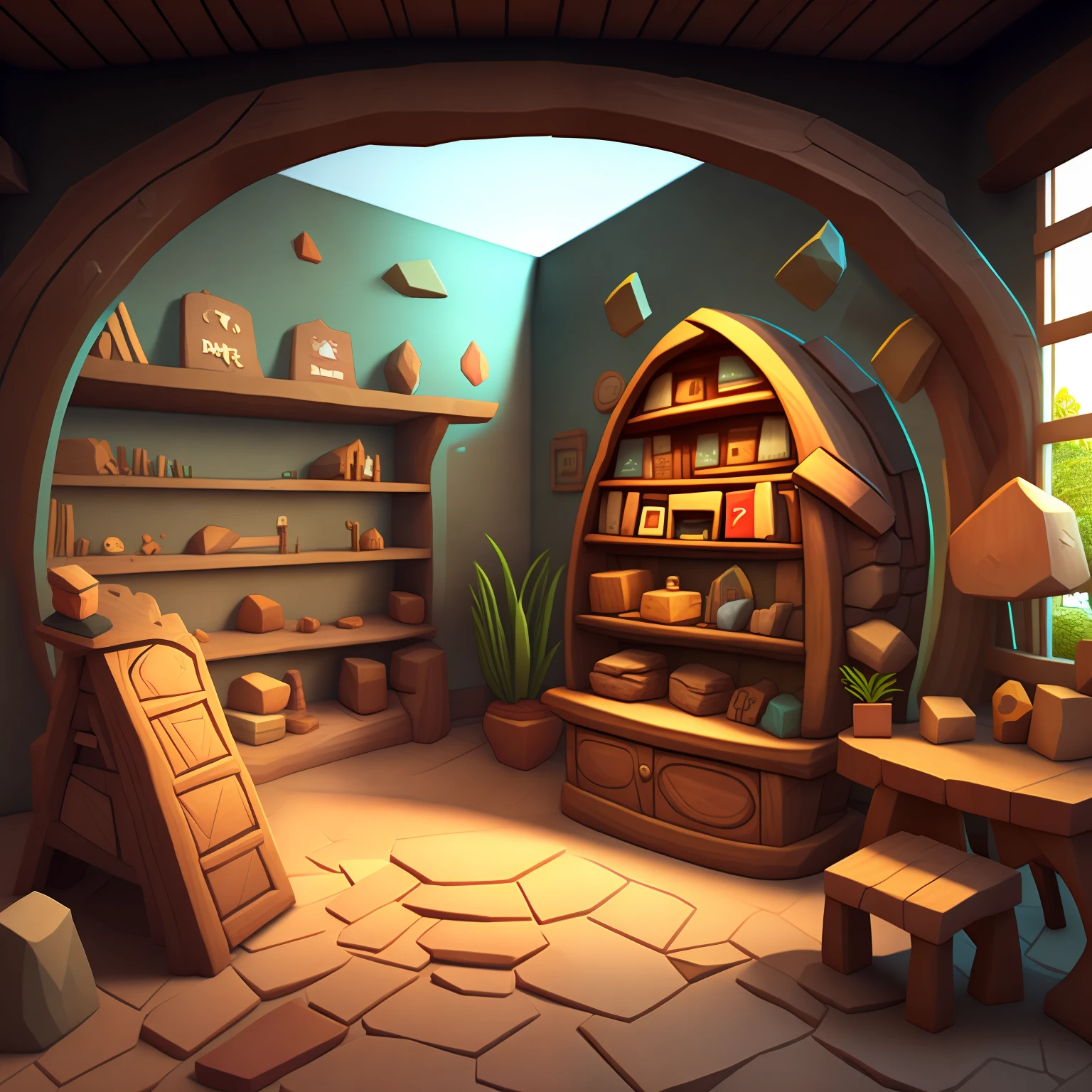Cartoony, mobile game,stone,wood, Collection room,inside in room,modern day,succinct,sundry