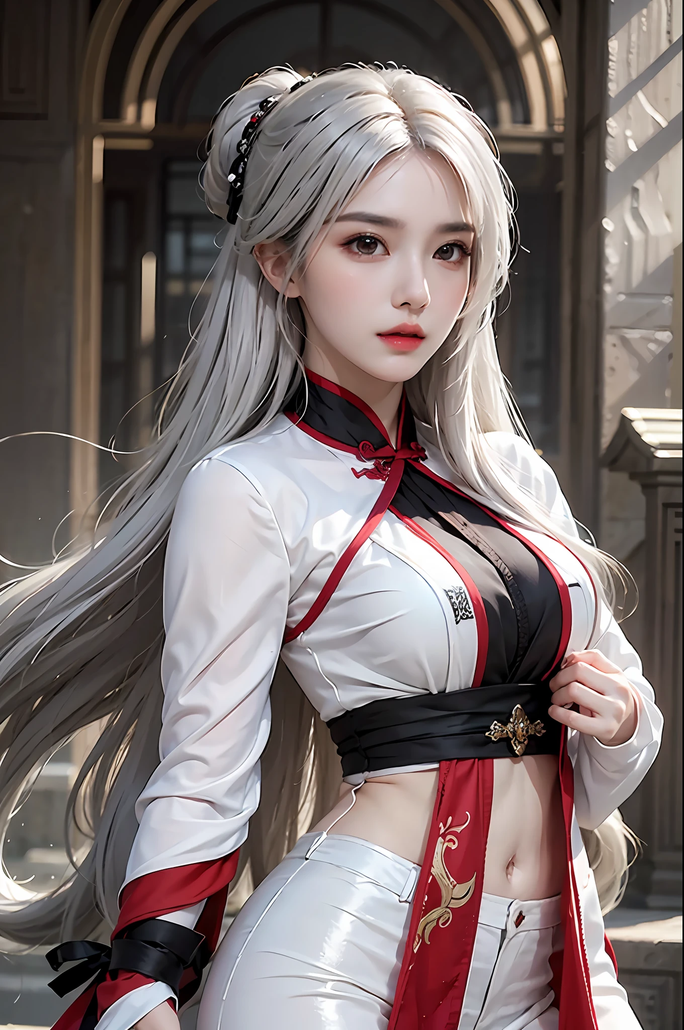 photorealistic, high resolution, 1 girl, hips up, beautiful eyes, white hair, long hair, ringed eyes, Chinese clothes, assassin clothes