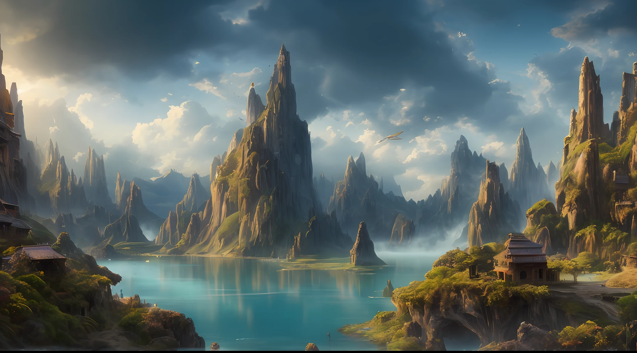 Masterpiece, best quality, high quality, extremely detailed CG unity 8k wallpaper, landscape, outdoor, sky, clouds, sky, no humans, mountain, landscape, water, tree, blue sky, waterfall, cliff, nature, lake, river , cloudy skies, award winning photography, bokeh, depth of field, HDR, bloom, chromatic aberration, photorealism, very detailed, trending on artstation, trending on CGsociety, intricate, high detail, dramatic, half way art