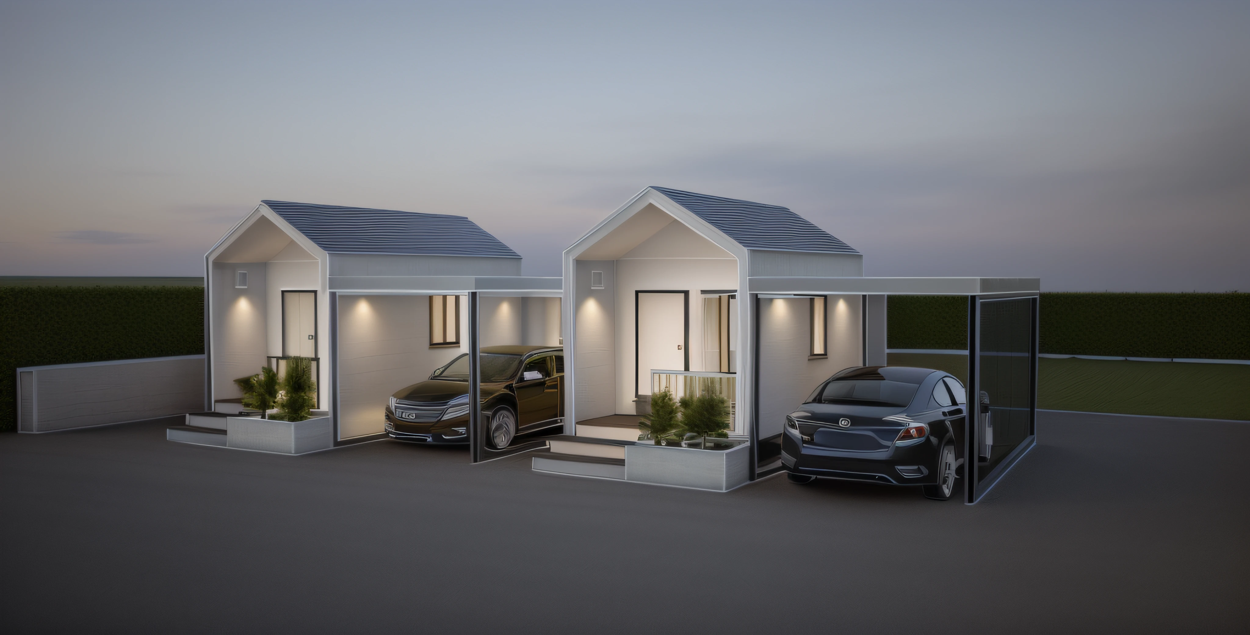 a rendering of a modern house with a car parked in front of it, overall architectural design, concept house, realistic render, lumion render, render, very realistic render, one house, front perspective, exterior design, architectural visualization, render amazing, photo realistic render, render vray, stunning render, neotraditional modern minimalist, beautiful rendering, contemporary house, beautifully detailed render,((garden)),sunny