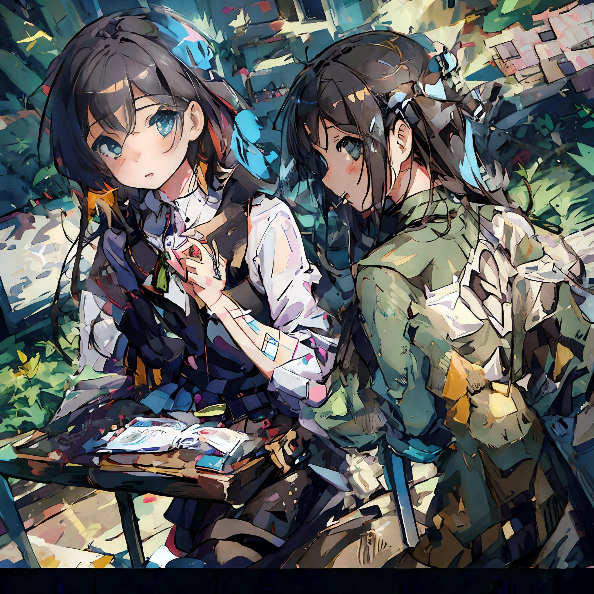 Anime anime girl sitting on bench holding book, Kawasi, Anime art wallpaper 8 K, Anime art wallpaper 4k, Anime art wallpaper 4 K, Kantai collection style, By Yuumei, Digital art on Pixiv, high detailed official artwork, style of anime4 K, anime moe art style, Official artwork, Detailed digital anime art, Two beautiful anime girls injured holding tarot cards