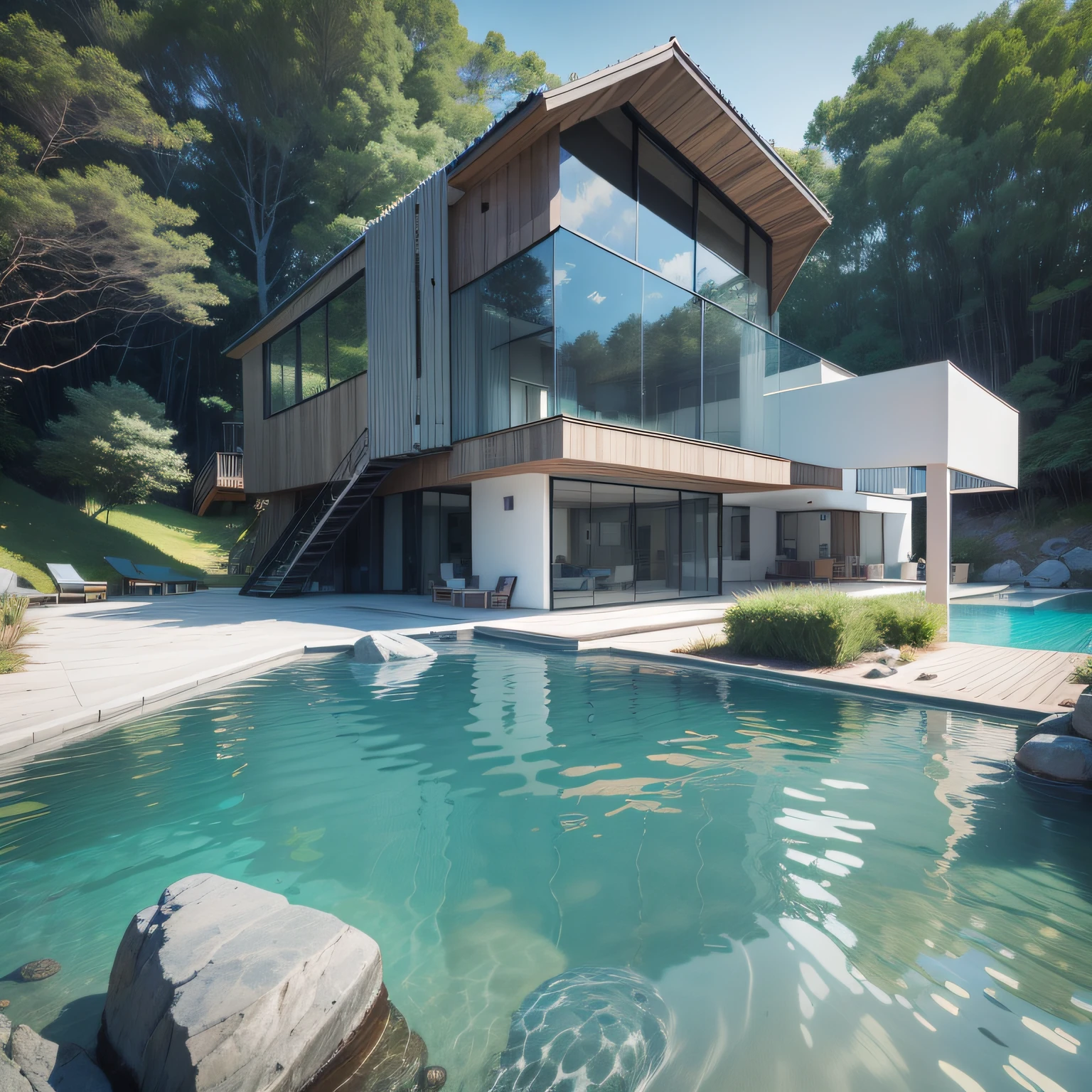 Arquitectura de uma casa futurista, casa defluxo na ilha das Seischeles, turquoise water, Rocks at the water's edge, areia branca, arquitectura de uma moderna, Arquitetura futurista, arquitectura Zaida havido, pequena casa de concreto branco, casa com madeira e vidro, grande piscina estreita a entrar pelo mar, arquitectura encaixada na floresta tropical, arquitectura estilo maldivas ilha das Seicheles, praia tropical, a digital rendering, renderizado, muito detalhe, 8k Joao Salvador, ((obra-prima, melhor qualidade)), 8k, estilo de arquitetura moderna, foto realista, david chipperfield, foto hiper detalhada, single box, A 3D digital rendering of a building, glass building, leansflare, body of water, Night time