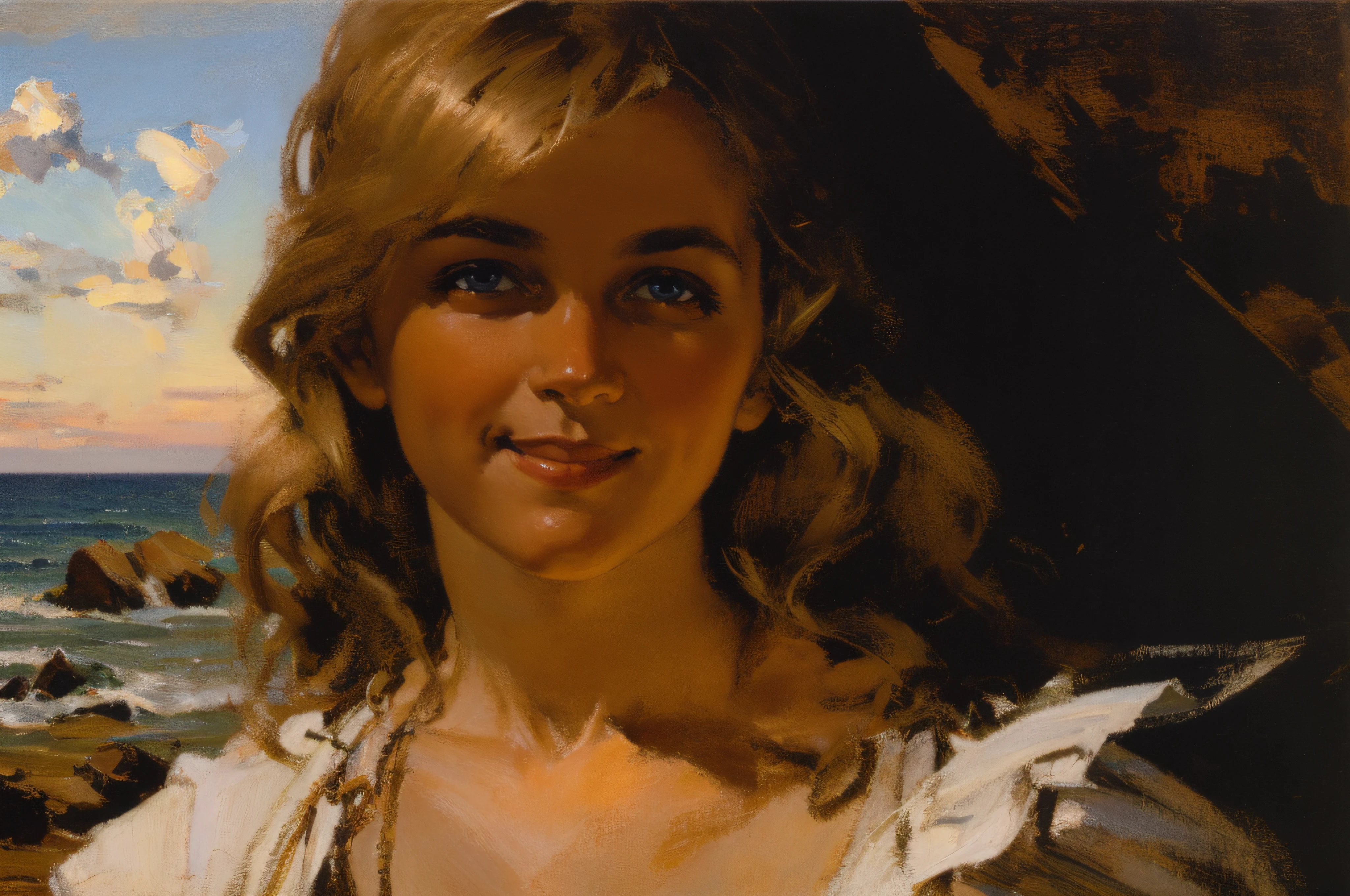 Happy relaxed Smiling young beautiful Blonde woman, at the sea, by sunset, oil on canvas, oil painting, James Gurney, close up, smooth, hyper detailed, natural looking, life like, photo realistic, maximalist, wallpaper, masterpiece, 32k resolution, hyper realistic, best quality, ultra quality, Epic, cinematic, brilliant, stunning, intricate, meticulously detailed, dramatic, atmospheric, digital matte painting, colorful, bright colors, complementary colors, golden hour, volumetric lightning, high contrast, super detailed