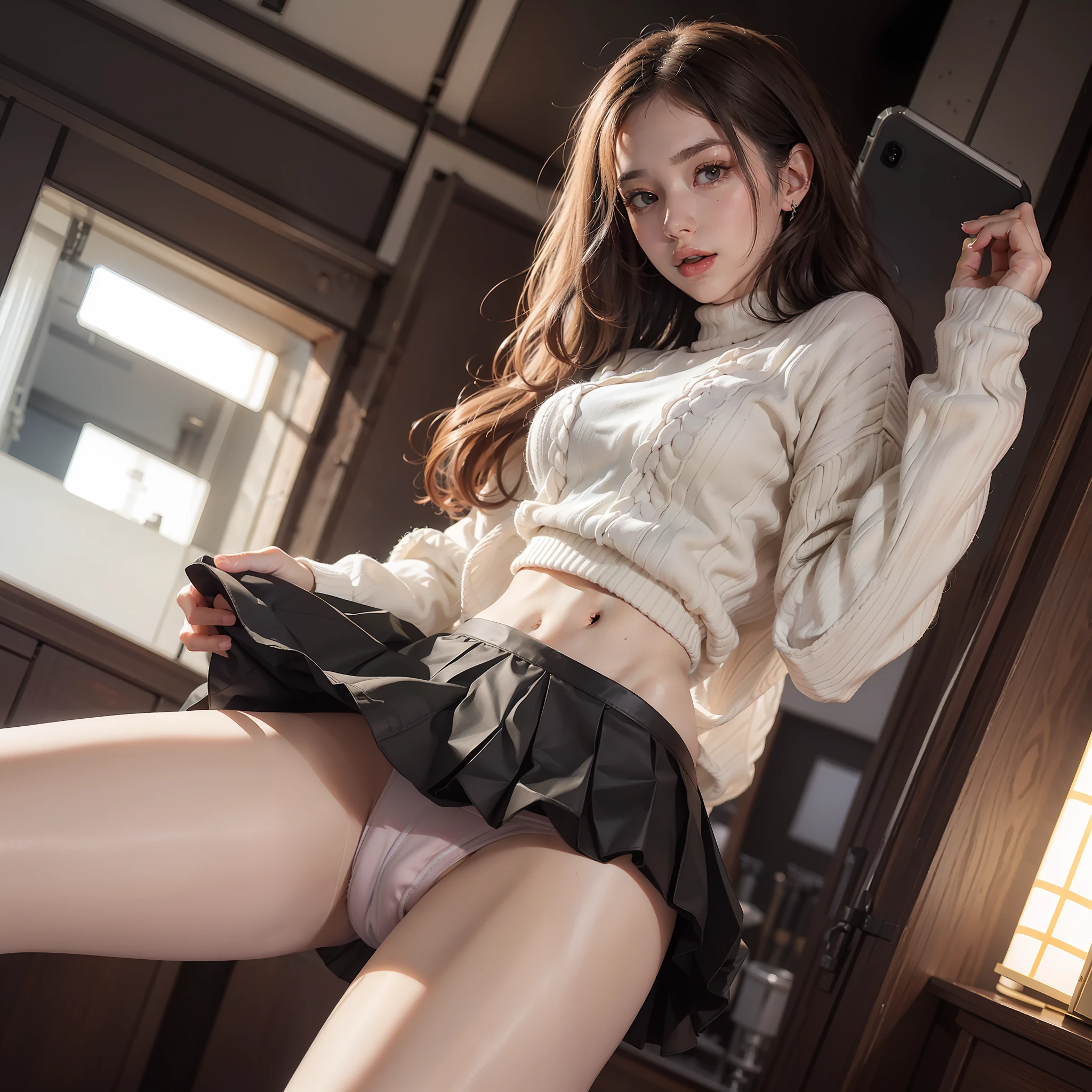 (masterpiece:1.3), (8K, Photorealsitic, Raw photography, Top image quality:1.4), foco nítido:1.2, Beautiful woman with perfect body:1.4, middlebreast, (((Young fashion woman wearing white sweater and black pleated mini skirt))),huge tit、Skirts so short that the skirt does not make sense、Very short skirt that shows panties, (((Panties that dig into the crotch)))、Transparent panties、(Pubic hair shows through:1.5)、Highly detailed facial and skin texture、A detailed eye、FULL BODYSHOT、(((Panties that dig into the crotch)))、Light pubic hair 1.5、pubick hair:1,5、sexual excitement、Sex Expressions、shinny skin、((Functional))、Poses variadas、Shooting from below、