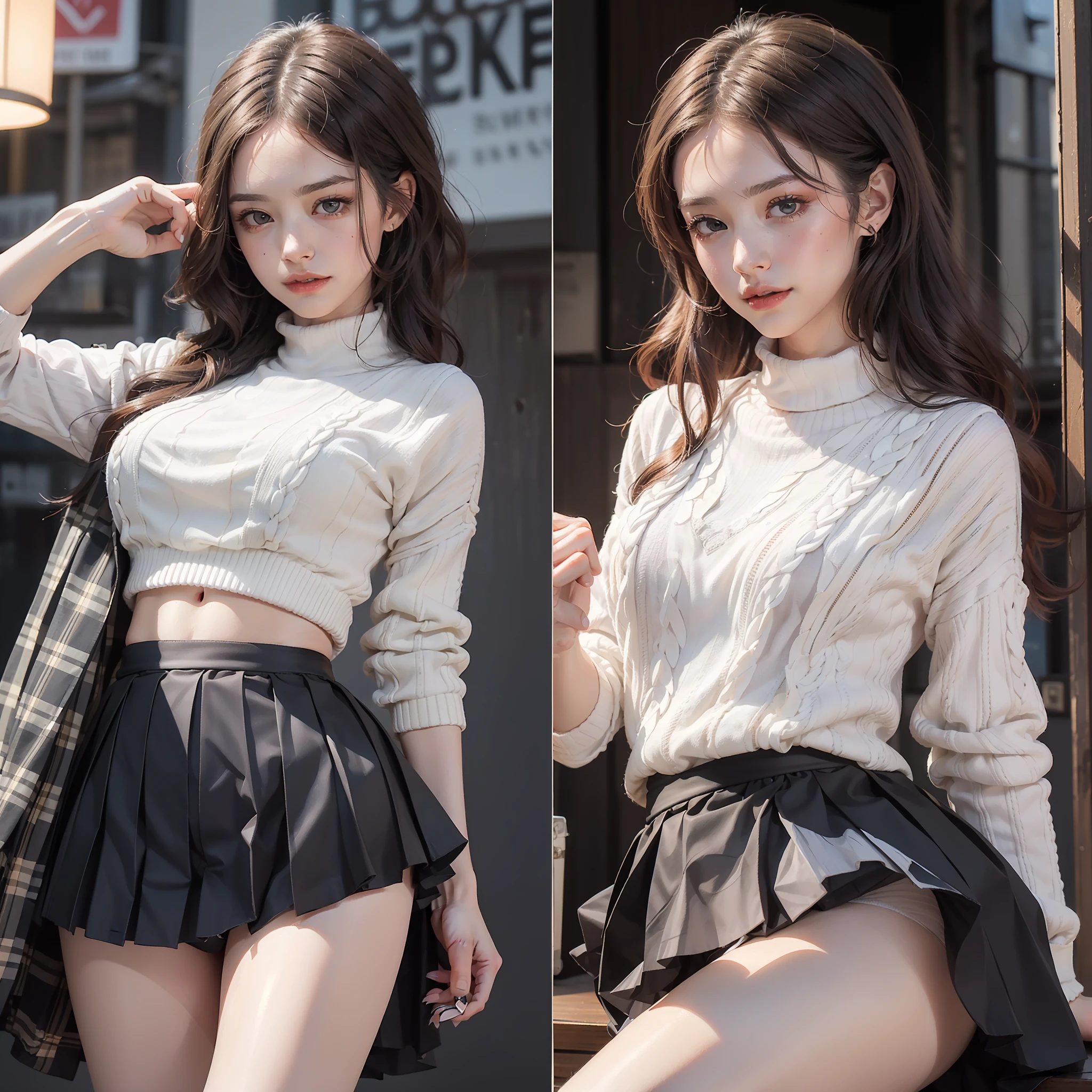 (​masterpiece:1.3), (8K, Photorealsitic, Raw photography, Top image quality:1.4), foco nítido:1.2, Beautiful woman with perfect body:1.4, middlebreast, (((Young fashion woman wearing white sweater and black pleated mini skirt))),huge tit、Skirts so short that the skirt does not make sense、Very short skirt that shows panties, (((Panties that dig into the crotch)))、Transparent panties、(Pubic hair shows through:1.5)、Highly detailed facial and skin texture、A detailed eye、FULL BODYSHOT、(((Panties that dig into the crotch)))、Light pubic hair 1.5、pubick hair:1,5、sexual excitement、Sex Expressions、shinny skin、((Functional))、Poses variadas、Shooting from below、