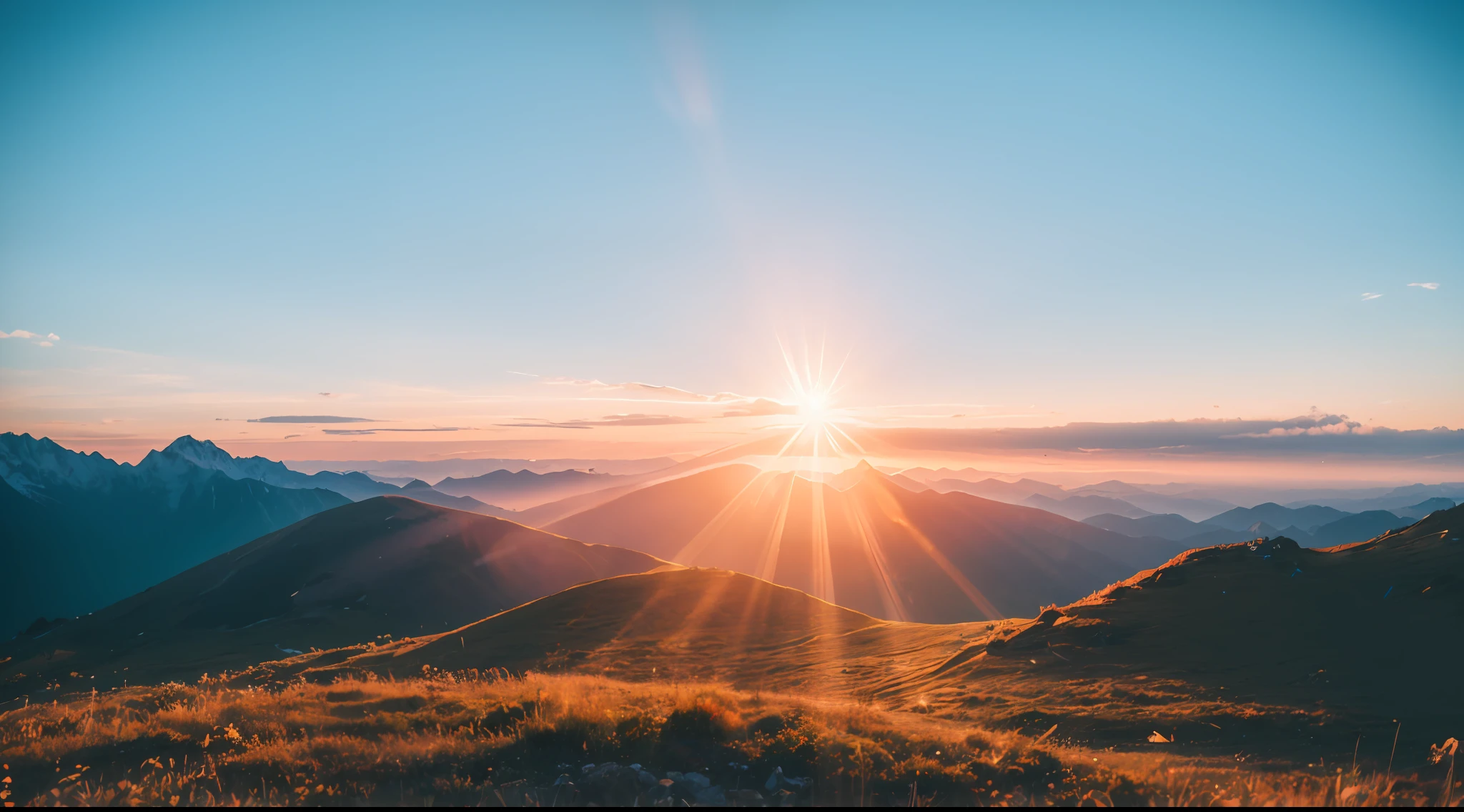 View from the top of a high mountain, sony a7, Film grain, Sunset, the golden hour, Cinematic lighting, Photorealistic, one-point perspective, 32K, diffuse reflection, colorful shiny particles, Lens Flare, sharp reflection light