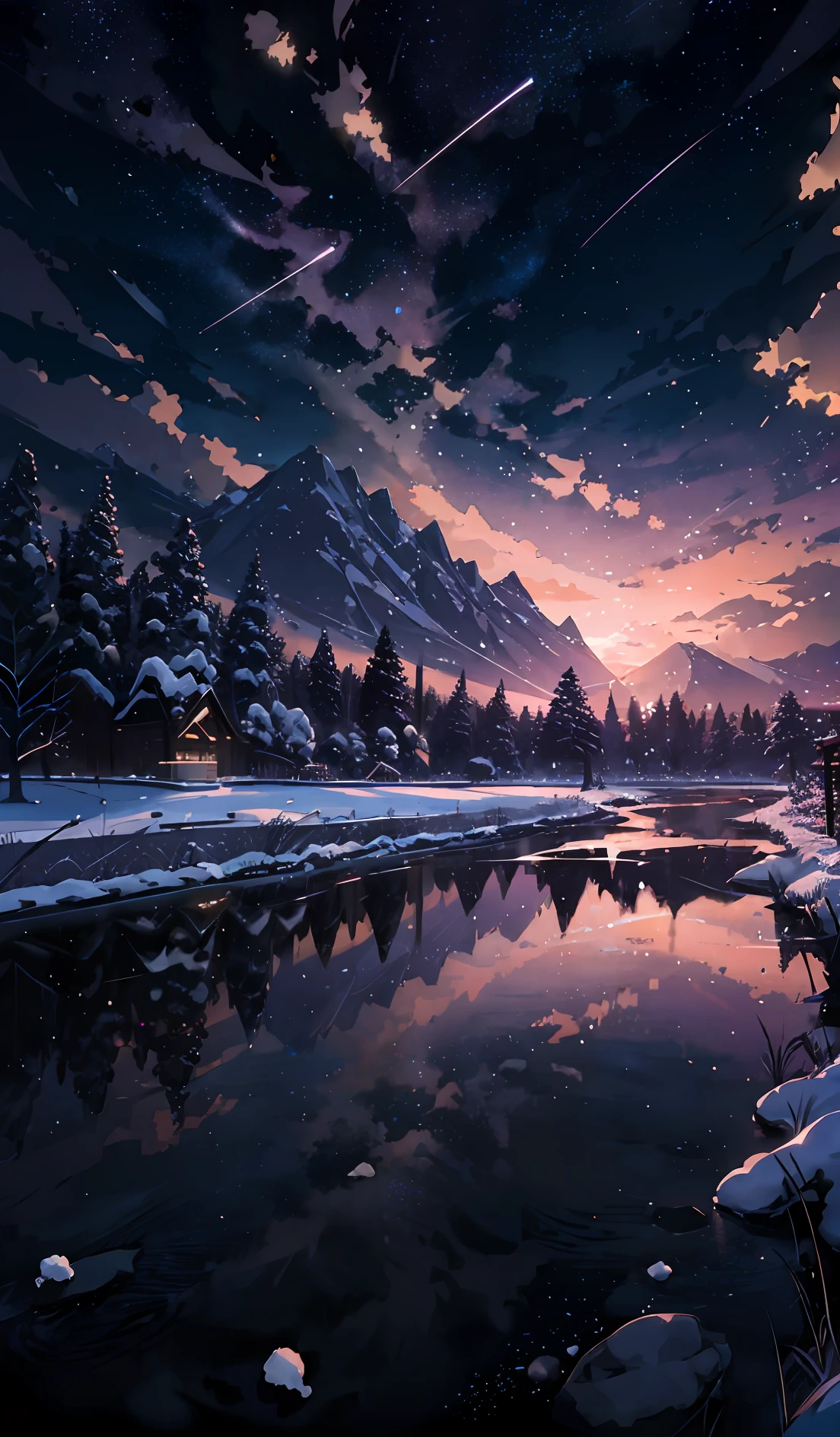 (((Makoto Shinkai style)),pixiv,anime drawing,high quality,pink purple sky,beautiful scene),(universe,train passing,magical realism,((makoto shinkai style)) ::0.8), [Artistic Atmosphere, Atmosphere:0.8, Starry Sky, Hills, Snow Mountain, Sparkling Water, Grass, Trees, Smoke, Stars, Low Angle of View, Specular Scattering,