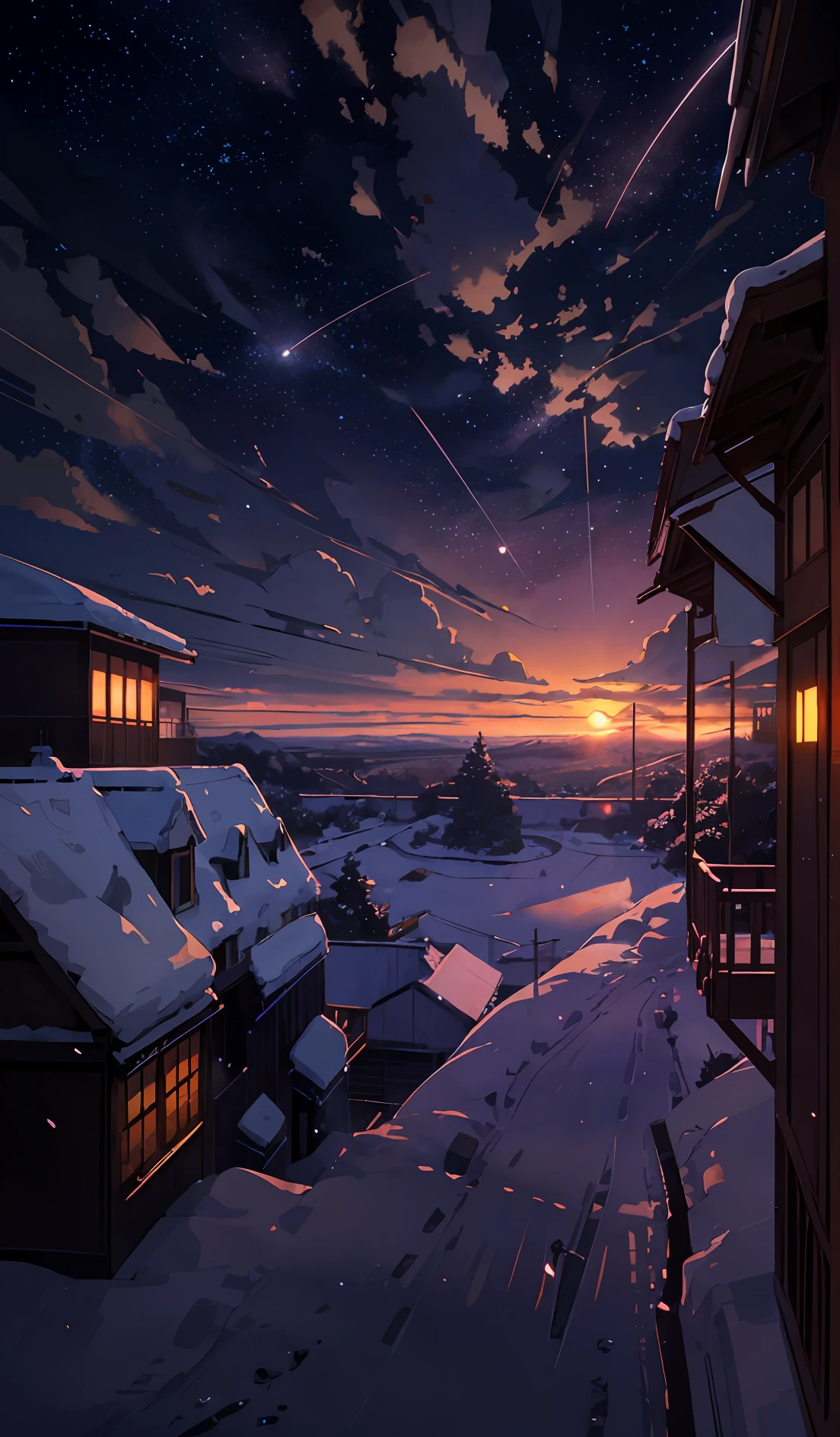 (((Makoto Shinkai style)),pixiv,anime drawing,high quality,pink purple sky,beautiful scene),(universe,train passing,magical realism,((makoto shinkai style)) ::0.8), [Artistic Atmosphere, Atmosphere:0.8, Starry Sky, Hills, Snow Mountain, Sparkling Water, Grass, Trees, Smoke, Stars, Low Angle of View, Specular Scattering,