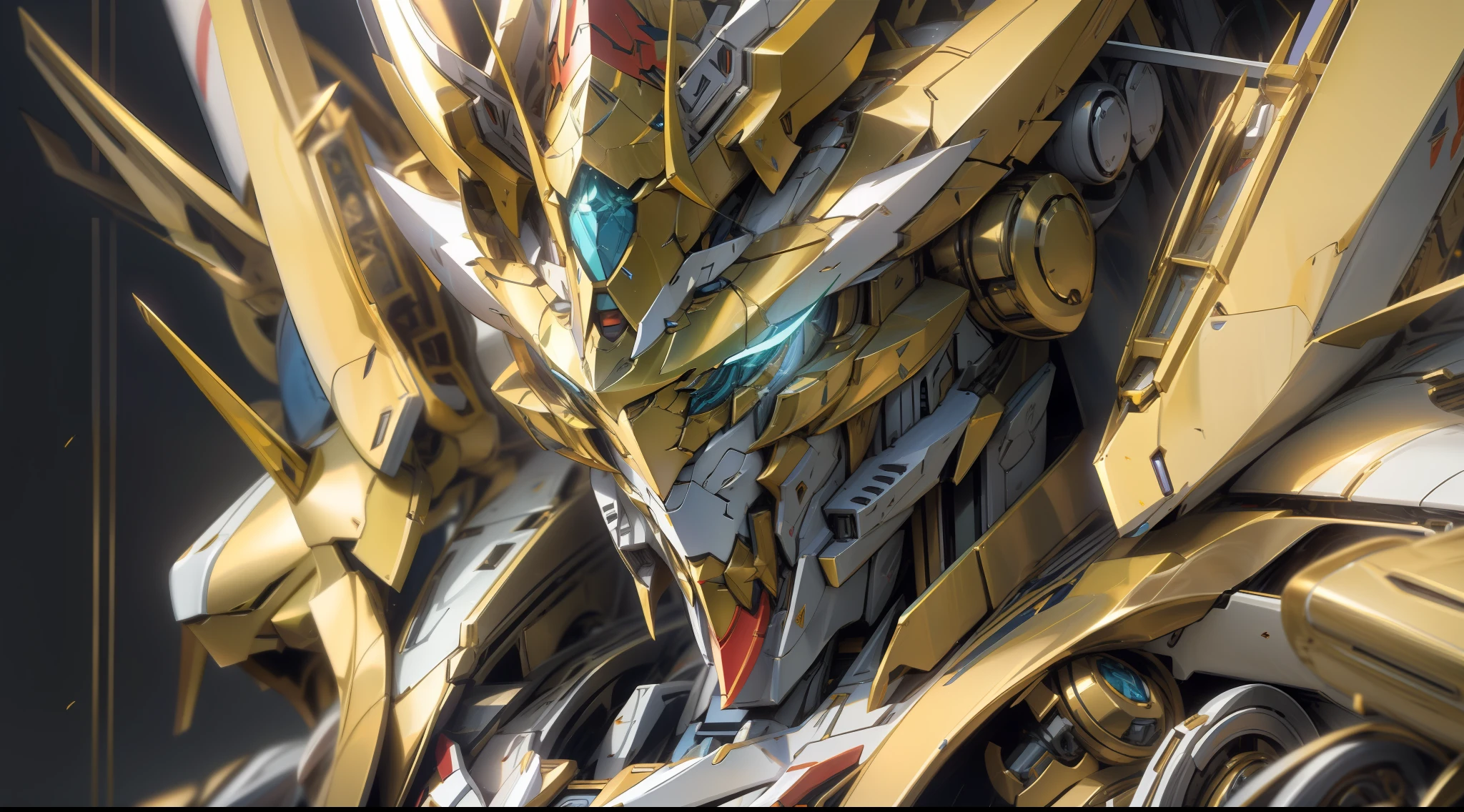 Close-up of a futuristic looking robot, unreal engine render saint seiya, Mobile Suit, gold paladin, anime mecha aesthetic, The king of artificial intelligence art, barbatos mobile suit, intricate ornate anime cgi style, cool mecha style, super robot wars, Barbatos Gundam, greek god in mecha style