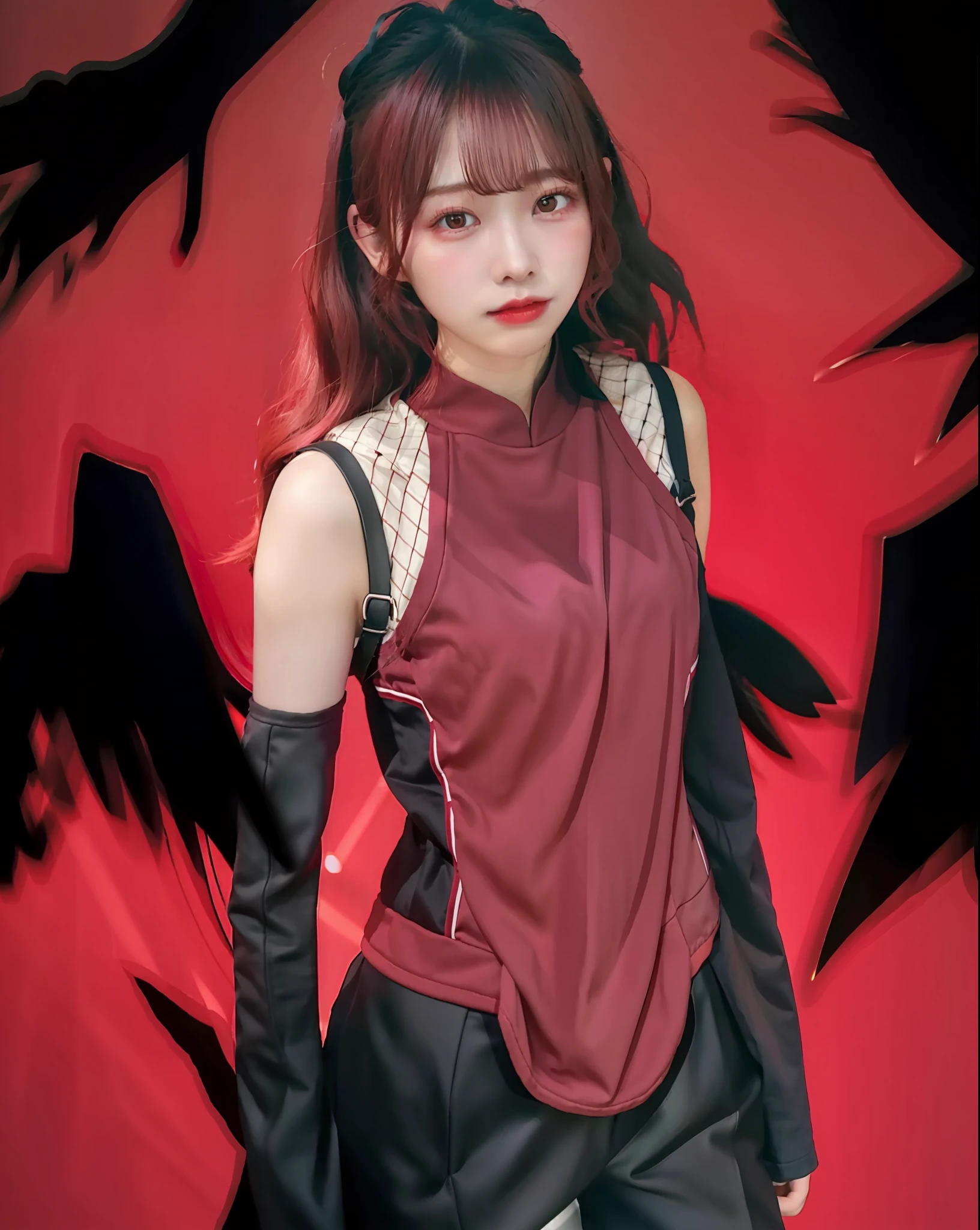 1girl, red haired, red lighting, realistic,