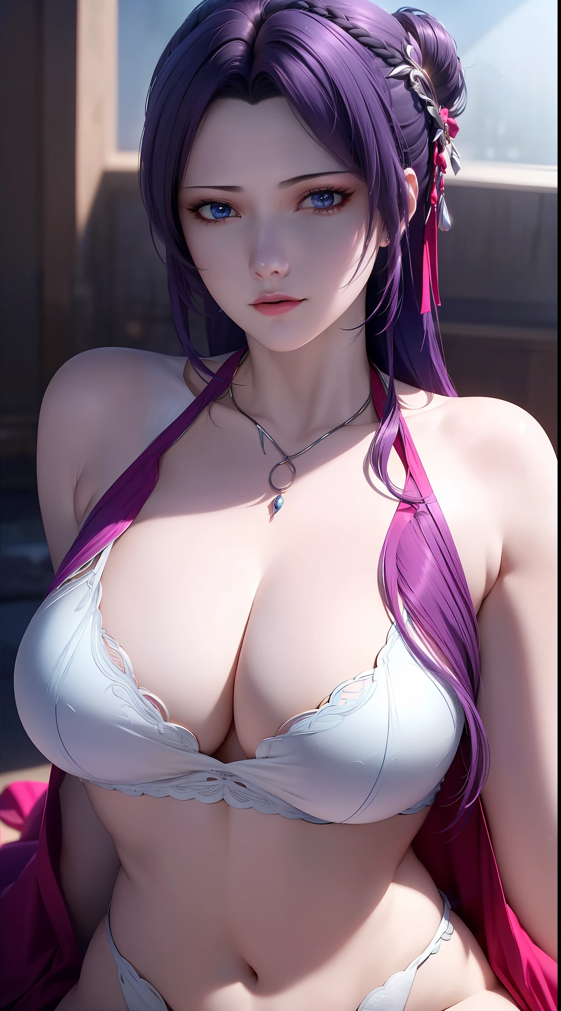 (NSFW:1.0), (Masterpiece, Best quality, Extremely detailed 8K, Beautiful girl with sexy body,Ultra HD, Ultra-detailed, Highly detailed, Highly realistic, Ultra-realistic, photograph realistic), (1girll:1.5), (Purple colored hair), (dynamicposes), facing at camera