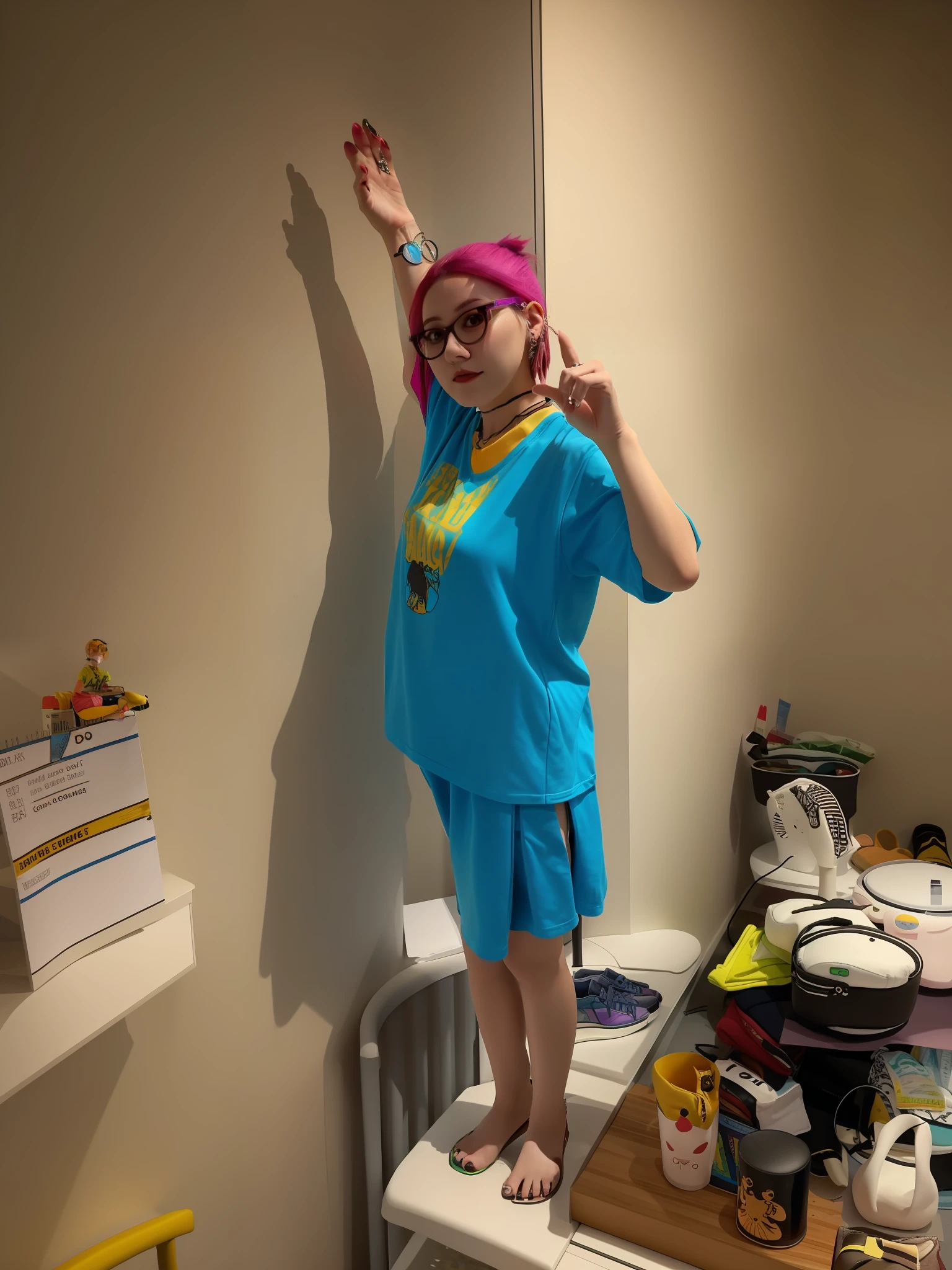 There was a woman standing on a suburban slope, Full body picture, in shorts and t-shirt, full body with costume, posing like a statue, Stand on a punk-style street, t pose, wearing pants and a t-shirt, She is tall, Very, very low heels, 25-year-old female, 25 year old woman,Preserve face shape,Keep your hands,the feet。Punk-inspired shoes,Punk-inspired glasses,punky style --auto