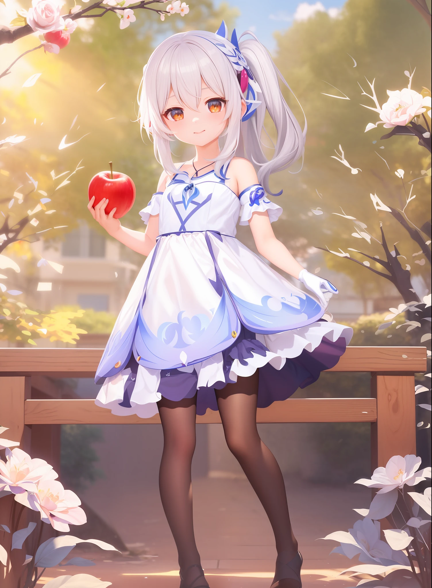 Anime girl holding apple in white stockings in front of bench, cute anime waifu in a nice dress, Loli in swimsuit, Splash art anime Loli, render of april, Kushatt Krenz Key Art Women, Anime art wallpaper 8 K, Guweiz in Pixiv ArtStation, white-haired god, Guweiz on ArtStation Pixiv，Pool，