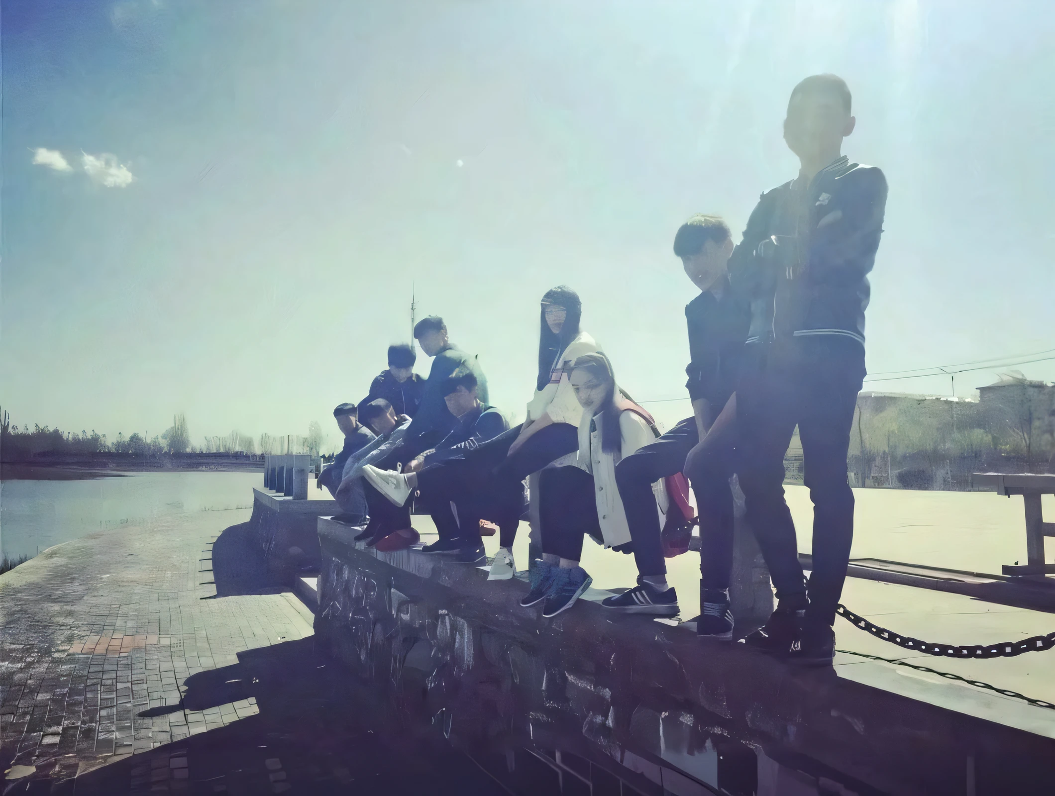 There are a lot of people sitting on the windowsill by the water, On a sunny day, In the sun, sunny day time, In sunny weather, um dia ensolarado, photoshoot, Sunny day, on a bright day, grainy low quality, Sunny weather, bts, personal profile picture, with the sun shining on it, haruhi, beautiful fine sky, high quality upload