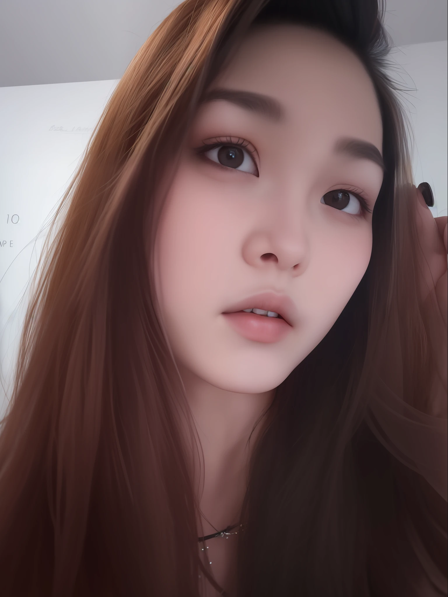 there is a woman with long hair and a necklace on, 18yr old， Asian face, Black hair，Hair and shoulder level