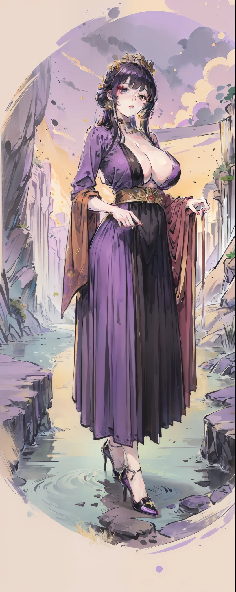 Purple hair big breasts,Galaxy River,respectable,emperor,Beautuful Women,high-heels,golden colored,purpleish color,black in color,