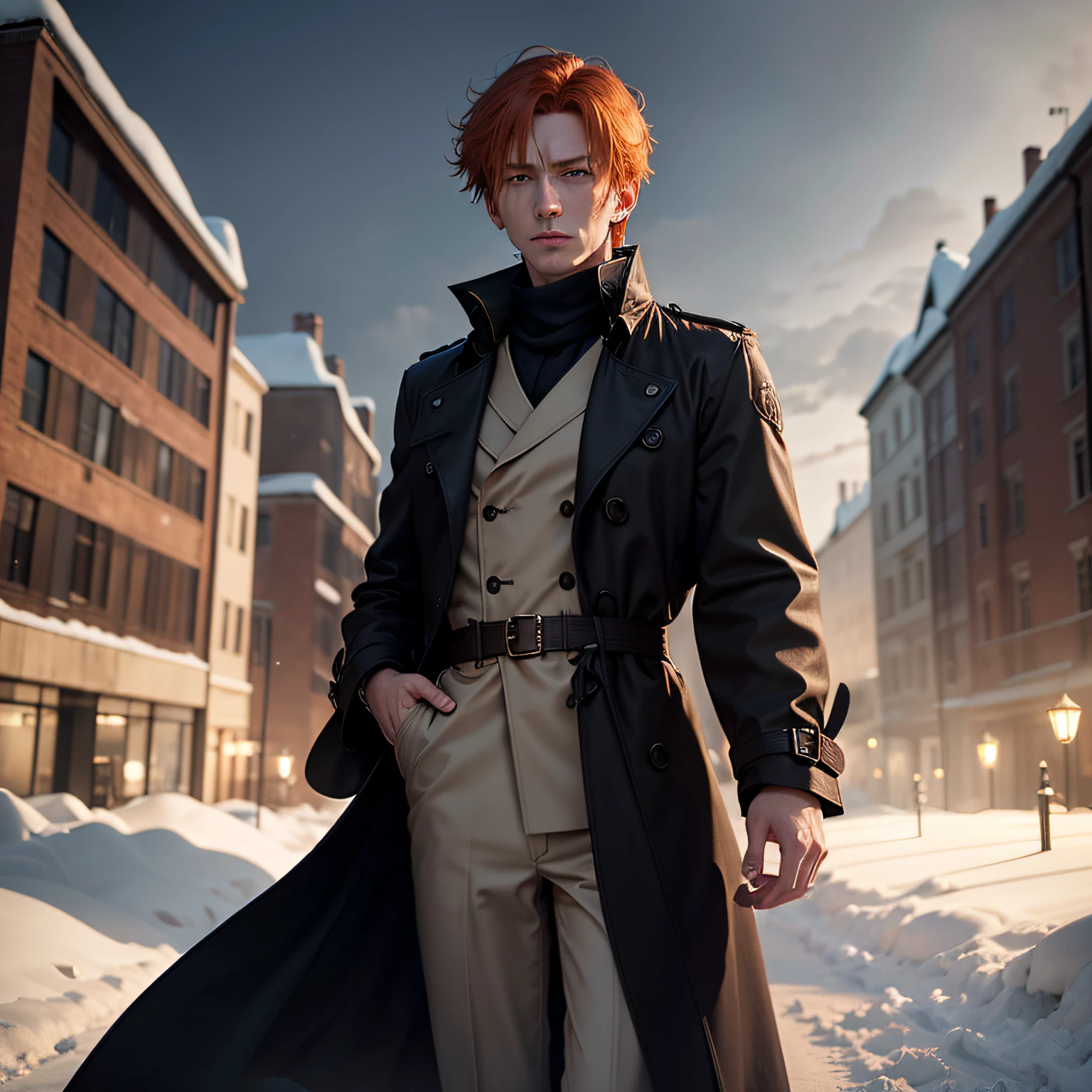 Weasley Black trench coat Sense of luxury Snow Snowflake Standing Melancholy eyes Soft hair Male god delicate --auto