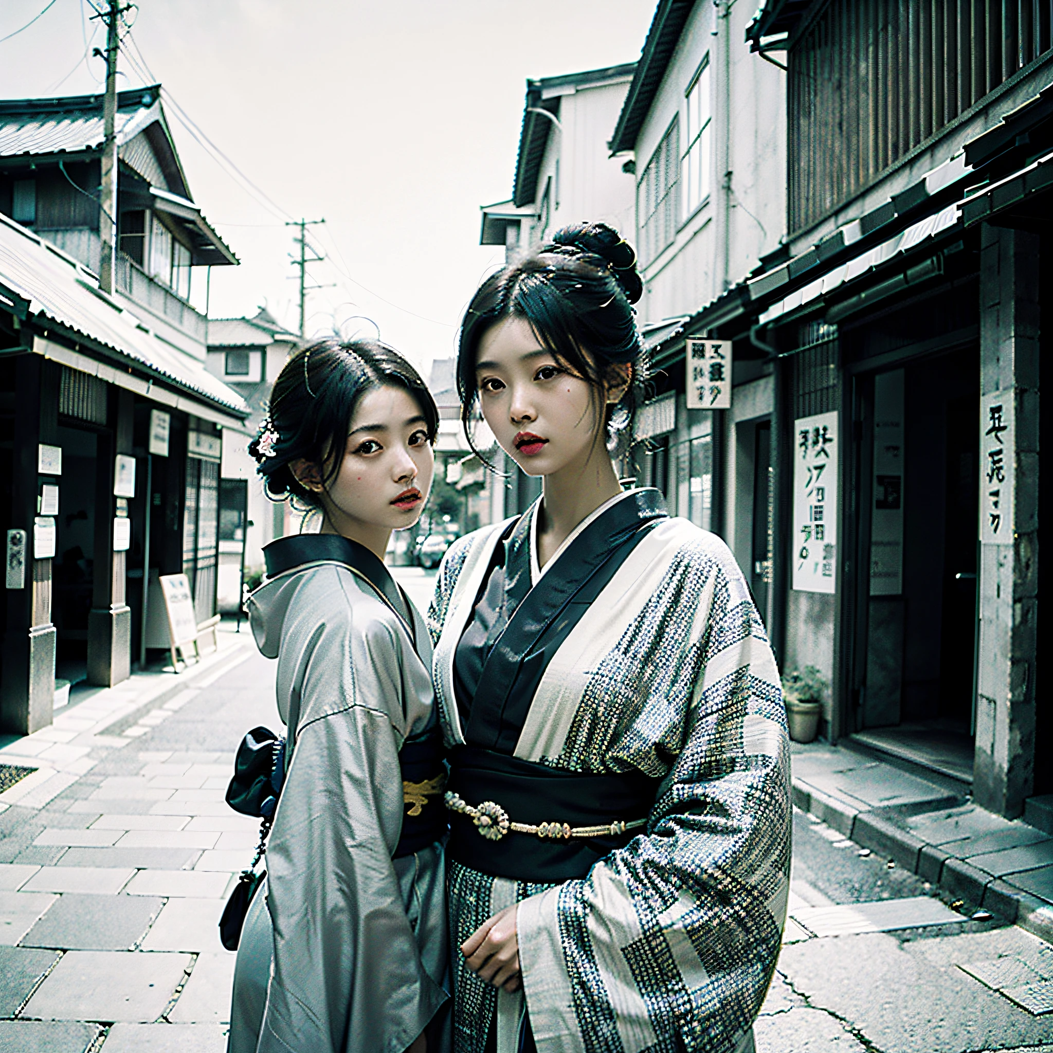 street snap、(Beautiful girl with black hair in kimono)、Taisho Era、black-and-white、monochromes、Sepia memories photo style that feels the times、Feeling burnt like an old photo、masterpiece、realisitic