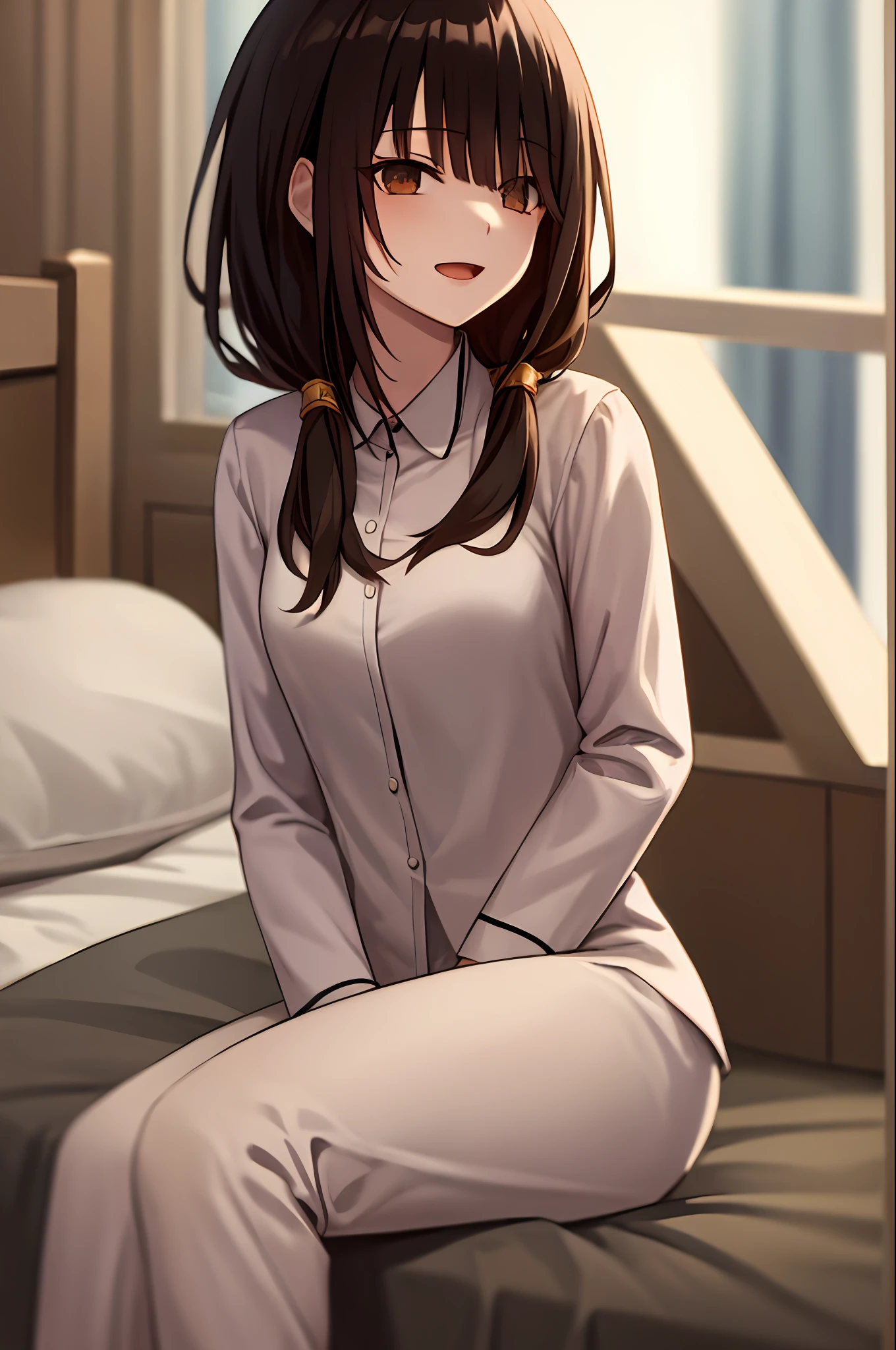 best quality, (masterpiece:1.2), highly detailed, indoors, bed, table, 1girl, solo, tokisaki kurumi, looking at the viewer, medium breasts, slight smile, open mouth, eyes, brown hair, long hair, pajamas, long sleeves, blue pants, sitting