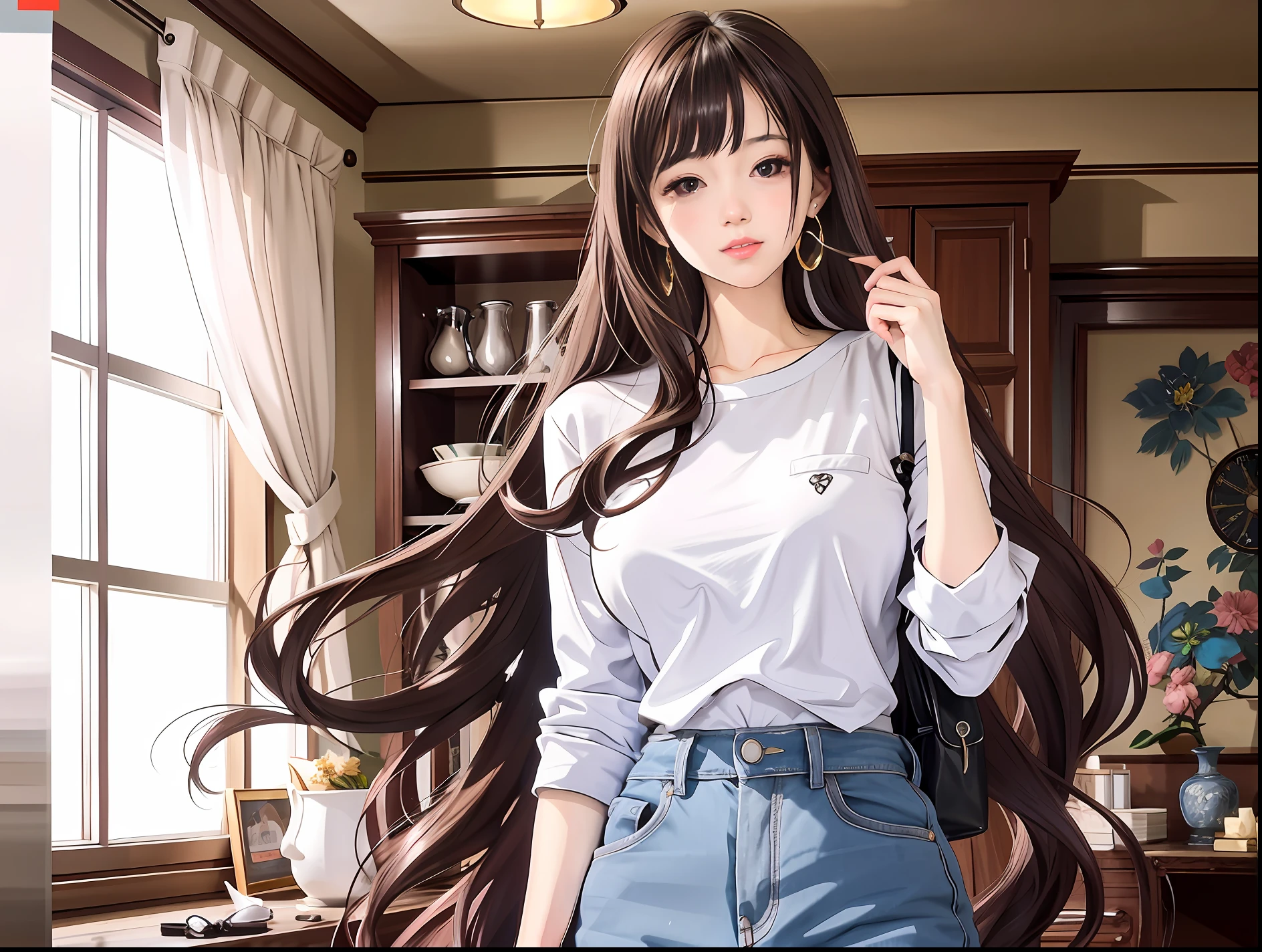 Anime girl with long brown hair standing in the room, Anime girl with long hair, attractive anime girls, anime visual of a cute girl, ilya kuvshinov with long hair, Beautiful anime girl, Beautiful anime woman, Smooth anime CG art, female anime character, beautiful alluring anime teen, beautiful and seductive anime woman, anime visual of a young woman