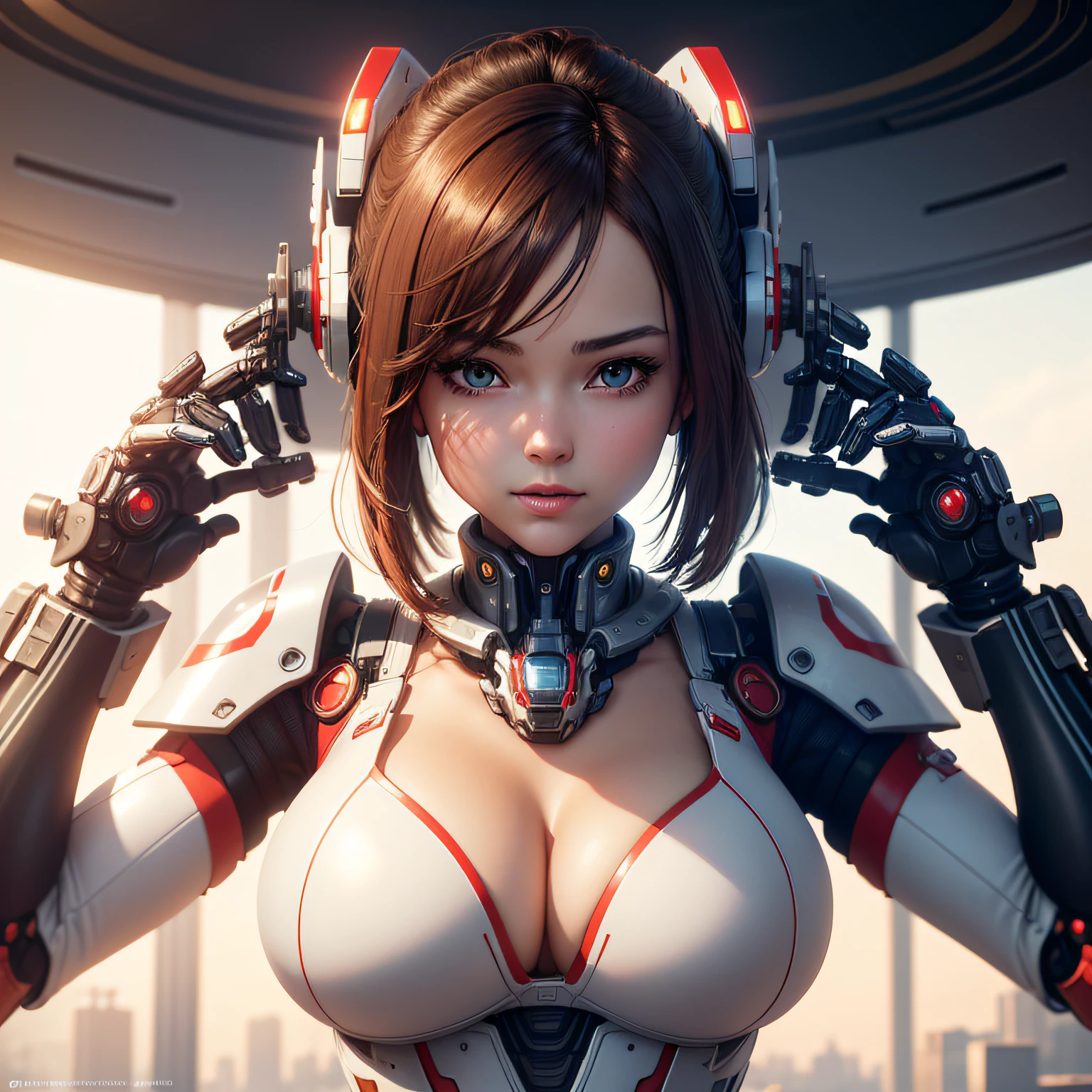 Highest quality, outstanding detail, super high resolution, (realism: 1.4), best illustration, favor details, close-up, a mecha girl, with a delicate and beautiful face, ((red and white semi-mechanical body: 1.8)), (big breasts: 1.2), sexy, cleavage, bed, frontal, cyberpunk, futuristic, mechanical aesthetics, complex machinery, background is a high-tech lighting scene of the futuristic city, virtual engine 5, perfect detail rendering, octane rendering, ultra HD --auto