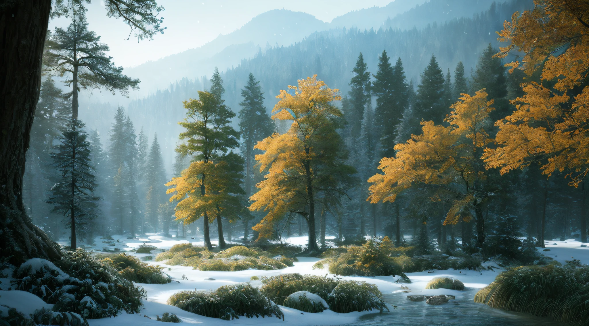 Masterpiece, best quality, high quality, extremely detailed CG unity 8k wallpaper, vast and quiet coniferous forest stretching to the horizon, lush green trees harmoniously gathered together, fresh breeze whispering through the leaves, frozen ground Topped with crystal snow, creating stunning peaceful landscapes, bokeh, depth of field, HDR, bloom, chromatic aberration, photorealism, highly detailed, trending on artstation, trending on CGsociety, intricate, high detail, dramatic, art by midjourney