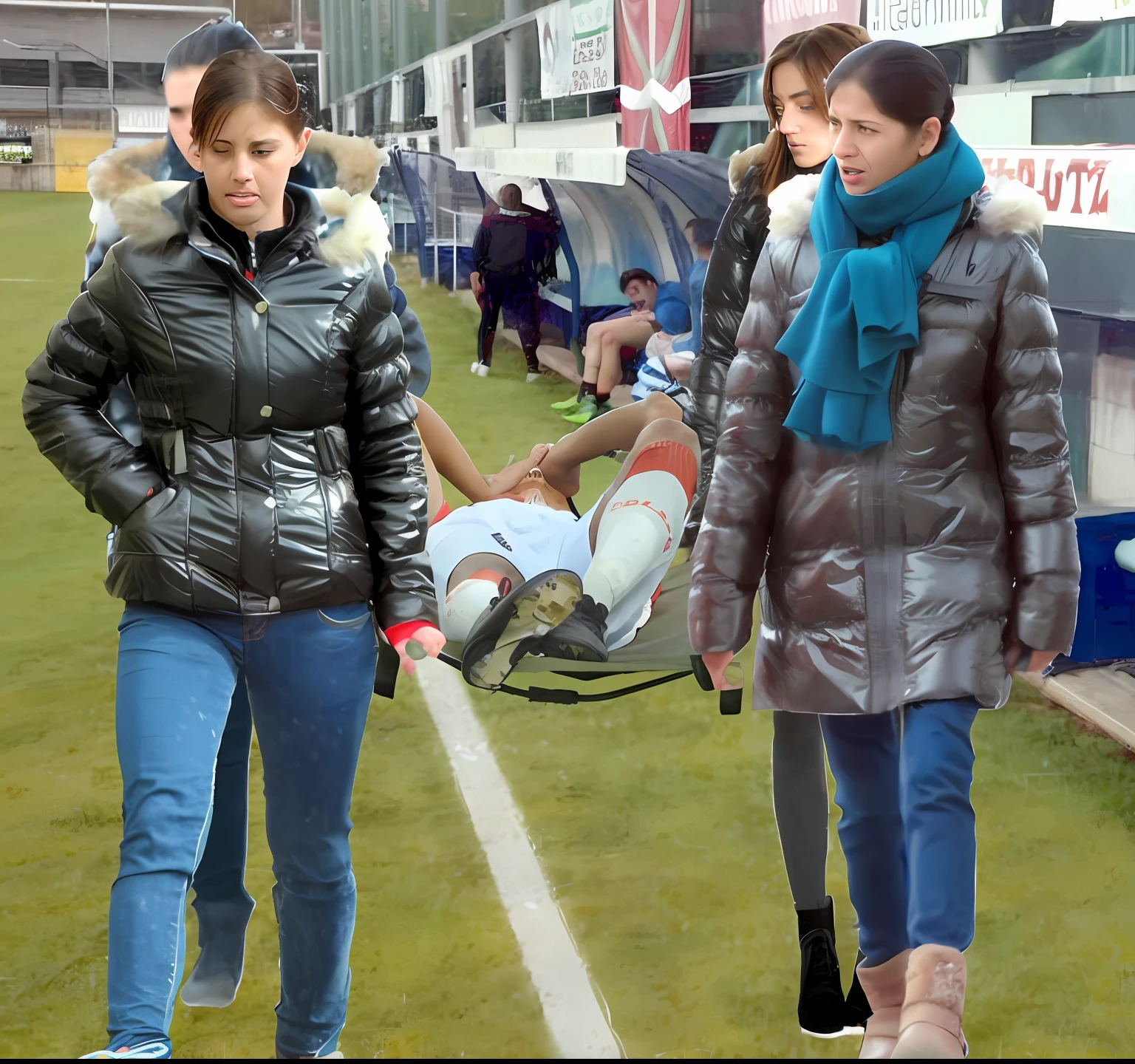 a soccer scene in a sports stadium, cool and wet weather conditions, humide ground, rainy sky, injury scene in a sports stadium, stretcher carry, there are four female medics carrying a stretcher, there are four female medics in very shiny coats who are carrying a stretcher in a sports stadium, there is a wounded male soccer player in a matte short cotton sports outfit lying on the stretcher, an injured male soccer player in matte cotton sportswear is lying in pain on a stretcher, a soccer player in matte cotton sports clothes is rearing up in intense pain while lying on a stretcher, dramatic scene, theatralic posing scene, dramatic pity scene, injury soccer, first aid, help, pity, there are four female medics in wetlook high-shine coats who are looking very sad and very terrified and very shocked, the injured soccer player is screaming out in pain while he is carried from the pitch on a stetcher