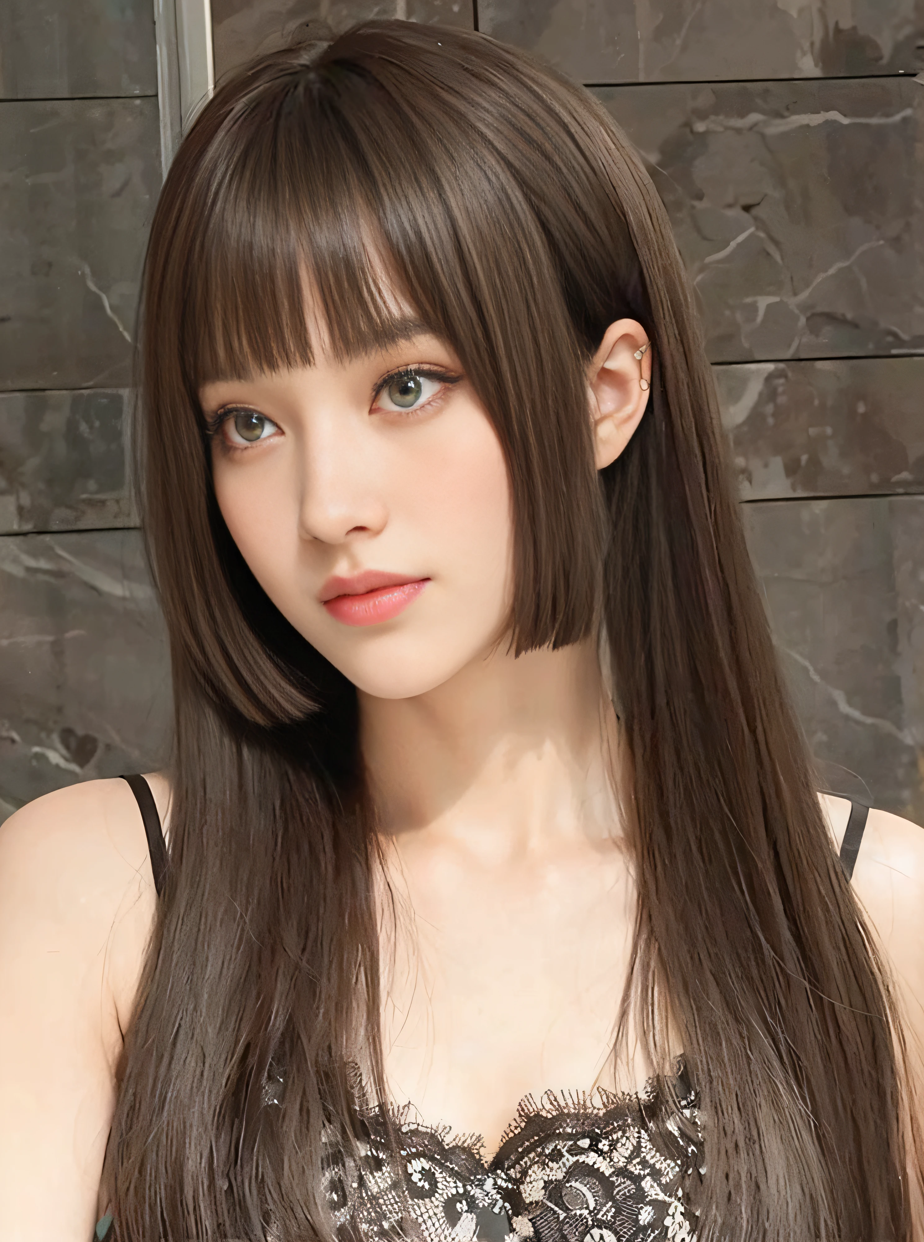 Arad woman with long brown hair and black dress, hime-cut, tidy hair,By bangs, white hime cut hairstyle, long whitr hair,Thick bangs, black hime cut hair, Long hair with bangs, long straight bangs, brown bangs, lalisa manobal, Brown hair long,By bangs, With bangs, brown hair,By bangs, straight hairstyle